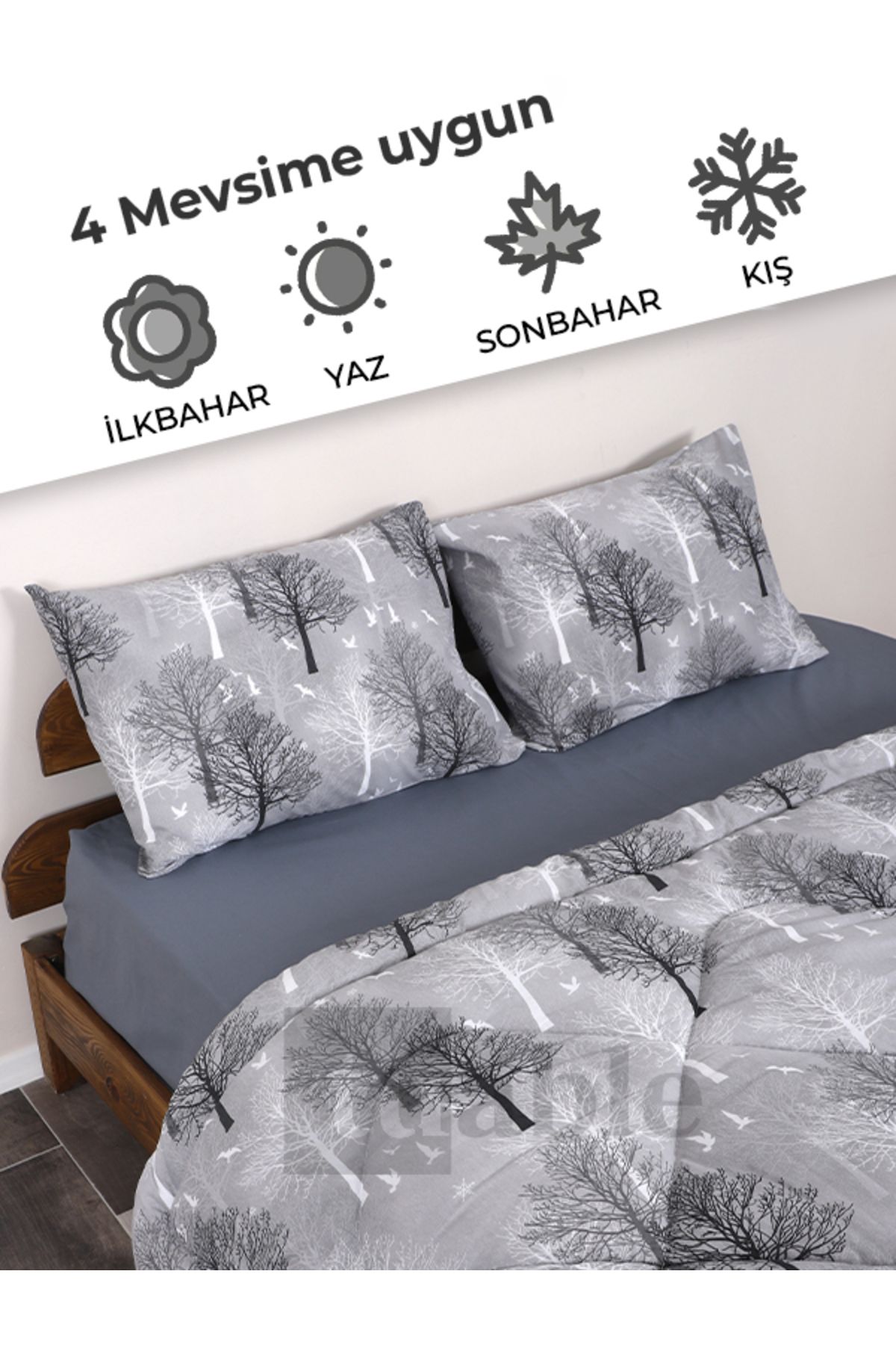 Tuable-Tree Pattern Gray Cotton Quilt Set Double Double Sided Summer Winter Silicone 195X215 cm 4