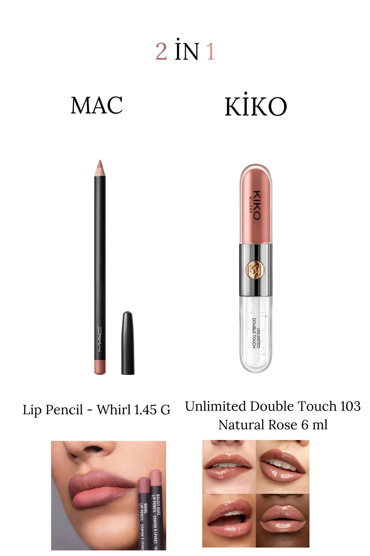 مداد لب Kiko - Whirl 1.45 G و نامحدود Double Touch 103 Natural Rose 6 ml