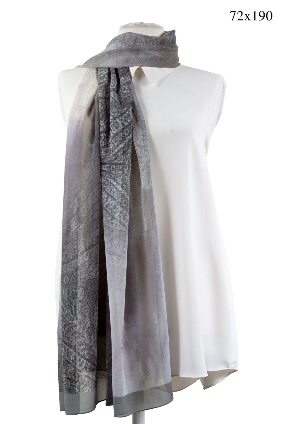 NUR İPEK-Lilac and Gray Tie-Dye Patterned Crepe Shawl - 70X190, Itaylıan with Dirt-Free and Sewing Detail 1