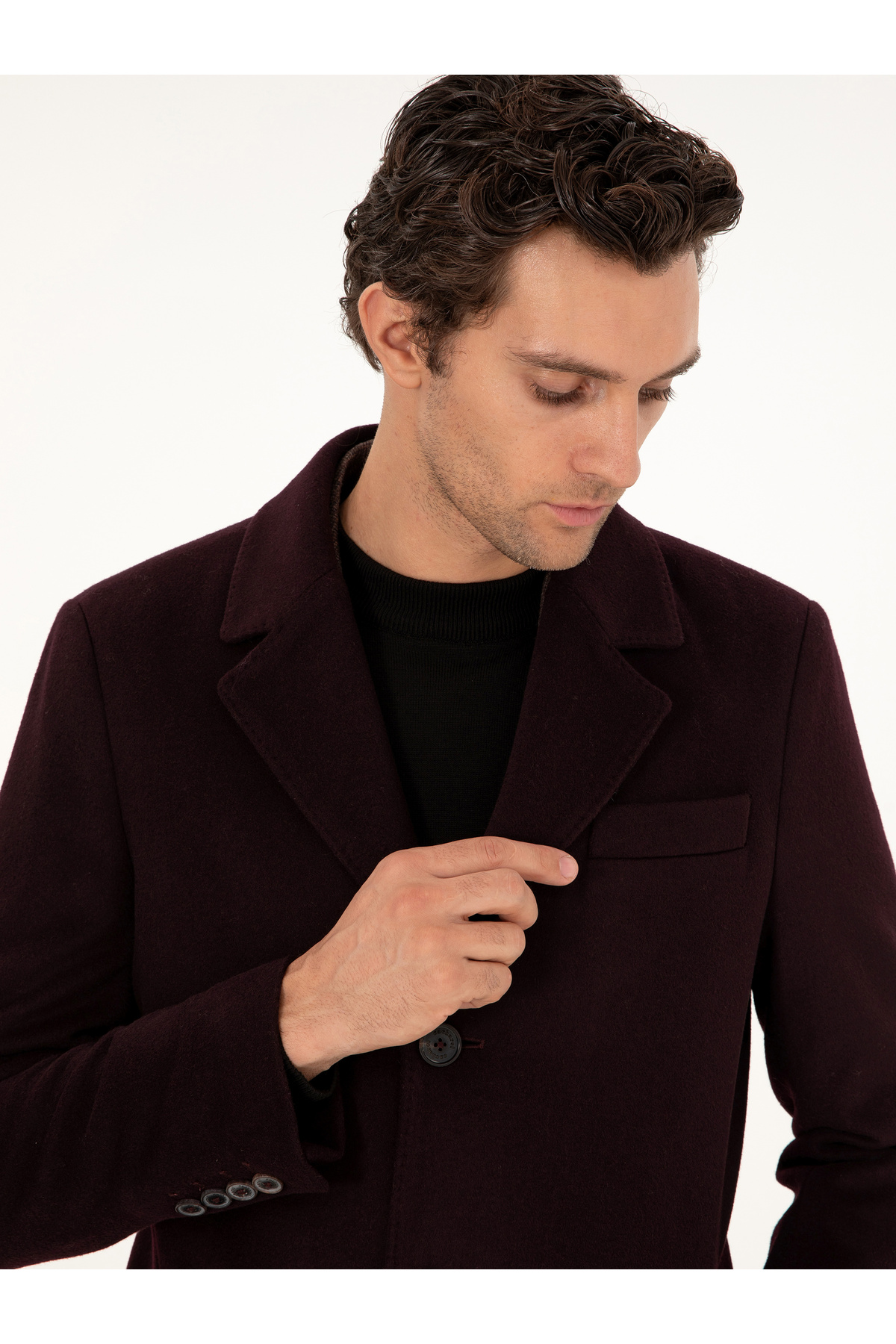 Cacharel Bordo Slim Fit Yün Karışımlı Kaşe Kaban 50292573-VR014 görsel 2