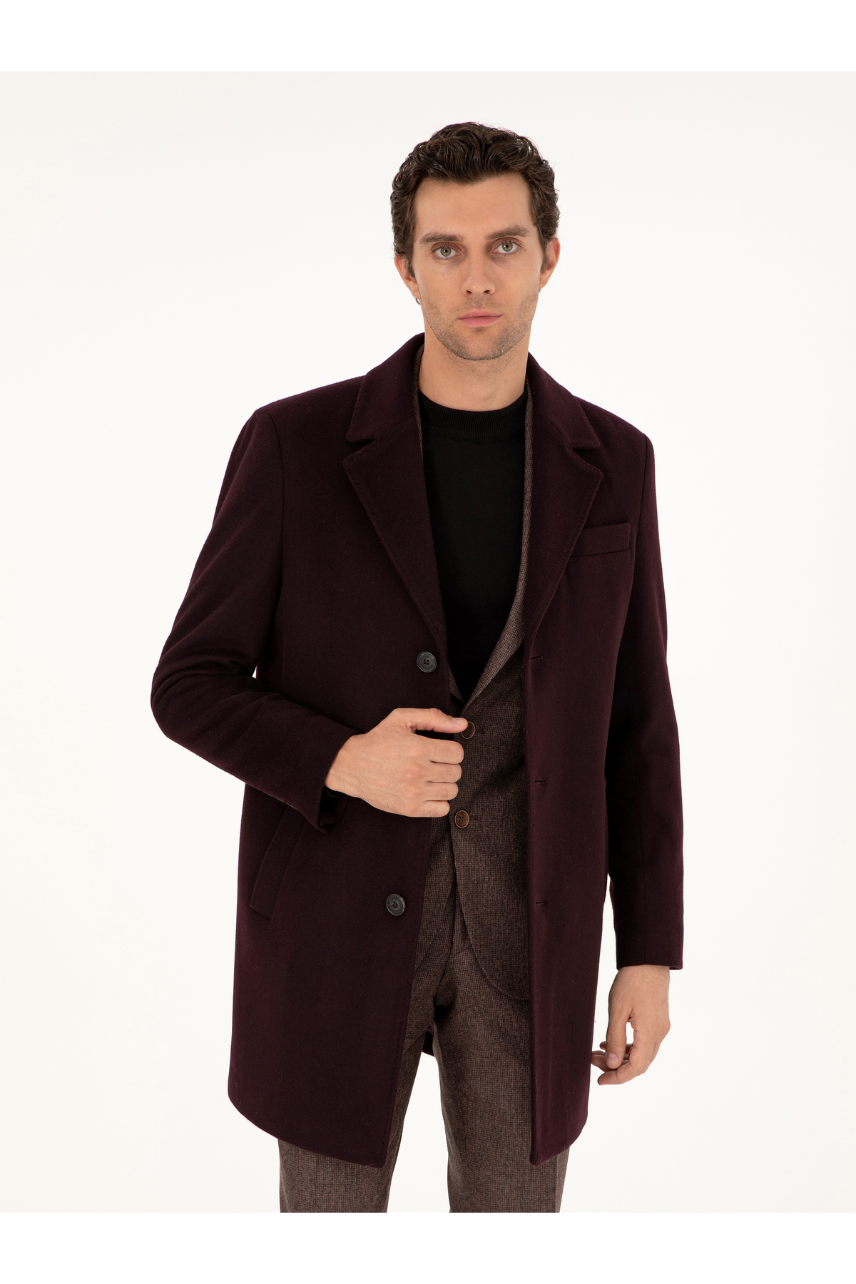 Cacharel Bordo Slim Fit Yün Karışımlı Kaşe Kaban 50292573-VR014