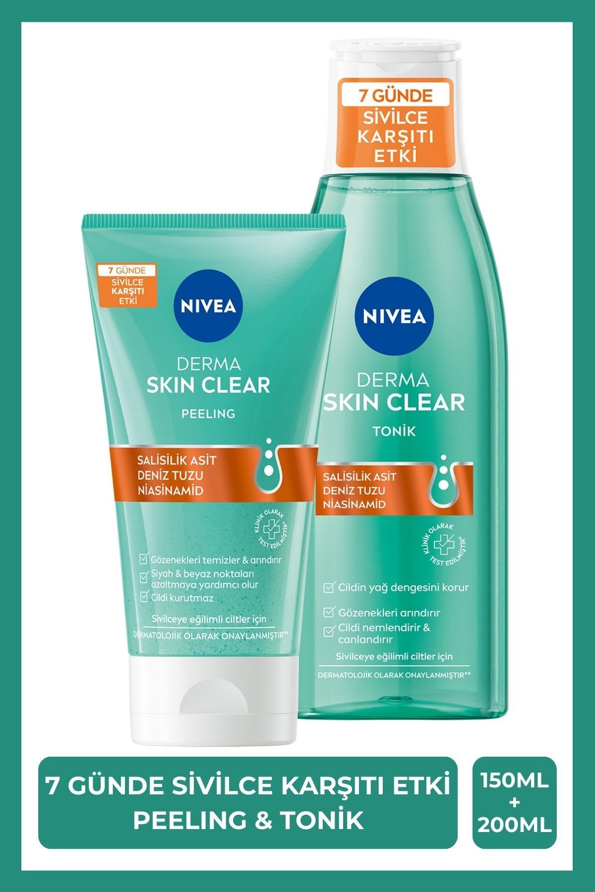 NIVEA Derma Skin Clear Sivilce Karşıtı Yüz Temizleyici Peeling 150ml, Derma Skin Nemlendirici Tonik 200ml