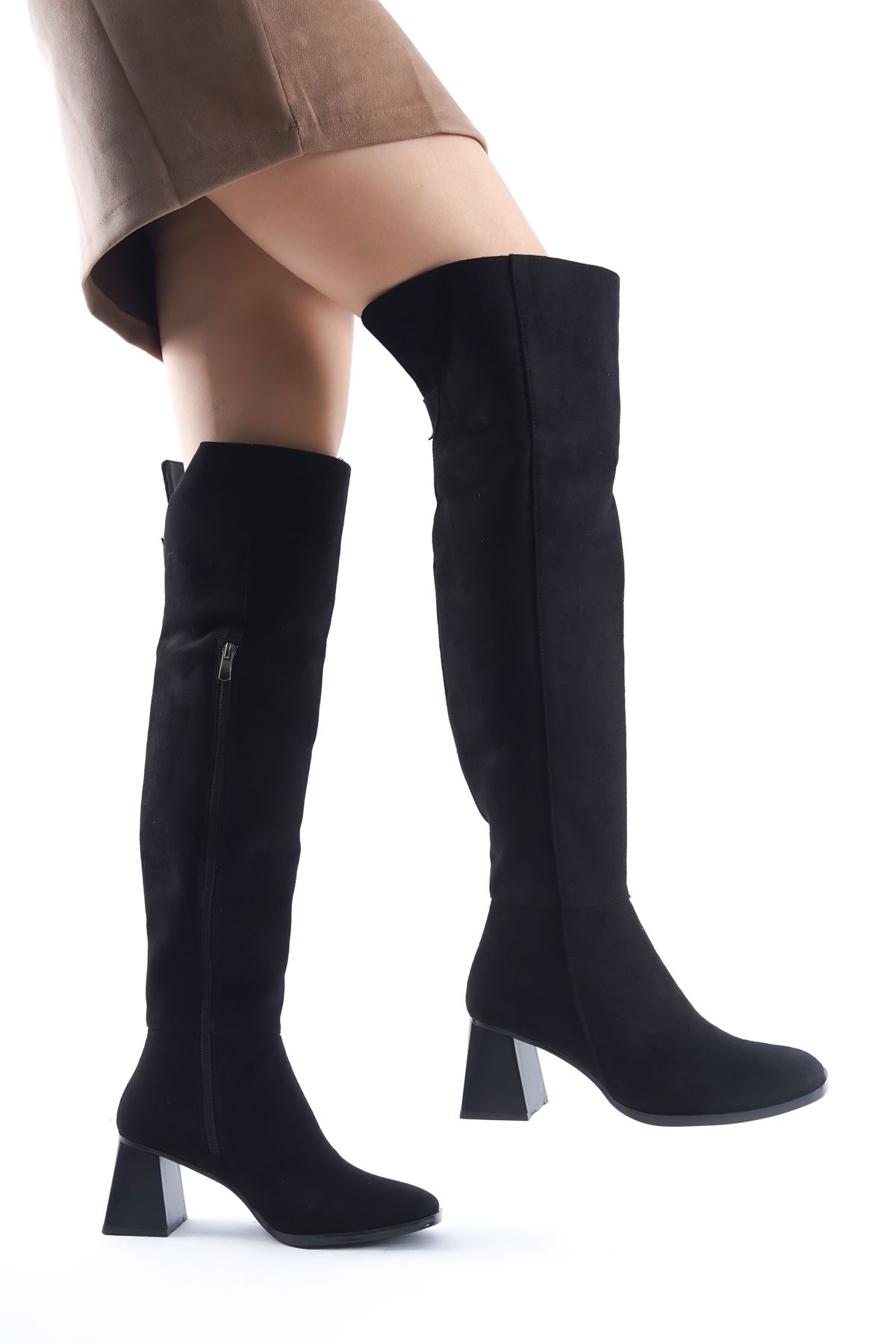 Gökhan Talay-Barbara Black Suede Thick Heeled Zippered Women's Boots 1