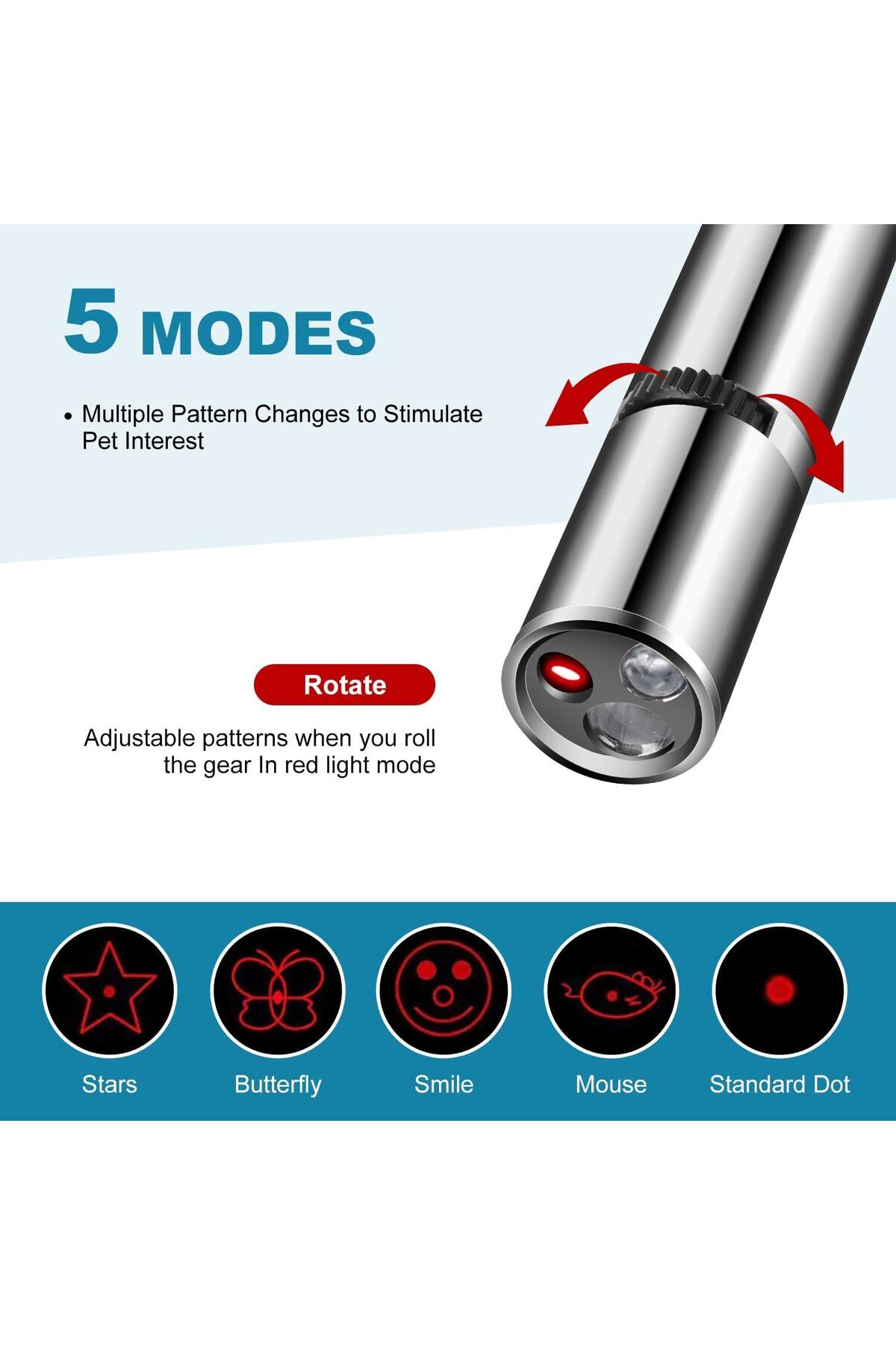Arabest-Cat Toys, Laser Pointer with 5 Adjustable Patterns, USB Recharge Laser, Long Range 3