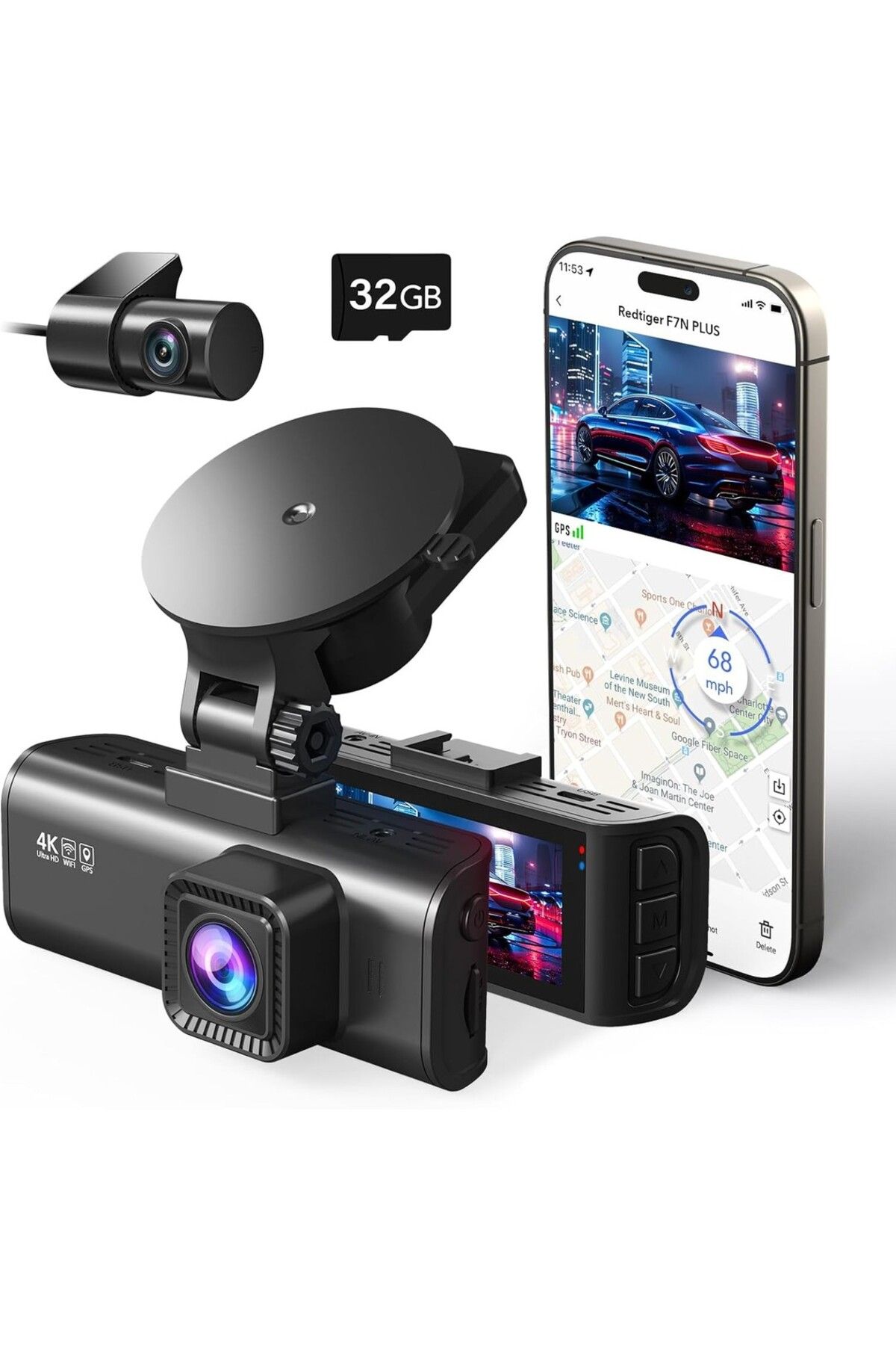 Red Tiger Dash Cam 4k Çift Kamera, Gece Görüşlü, Dahili Gps, 32 Gb Kart, 170° Geniş Görüş Uyumlu