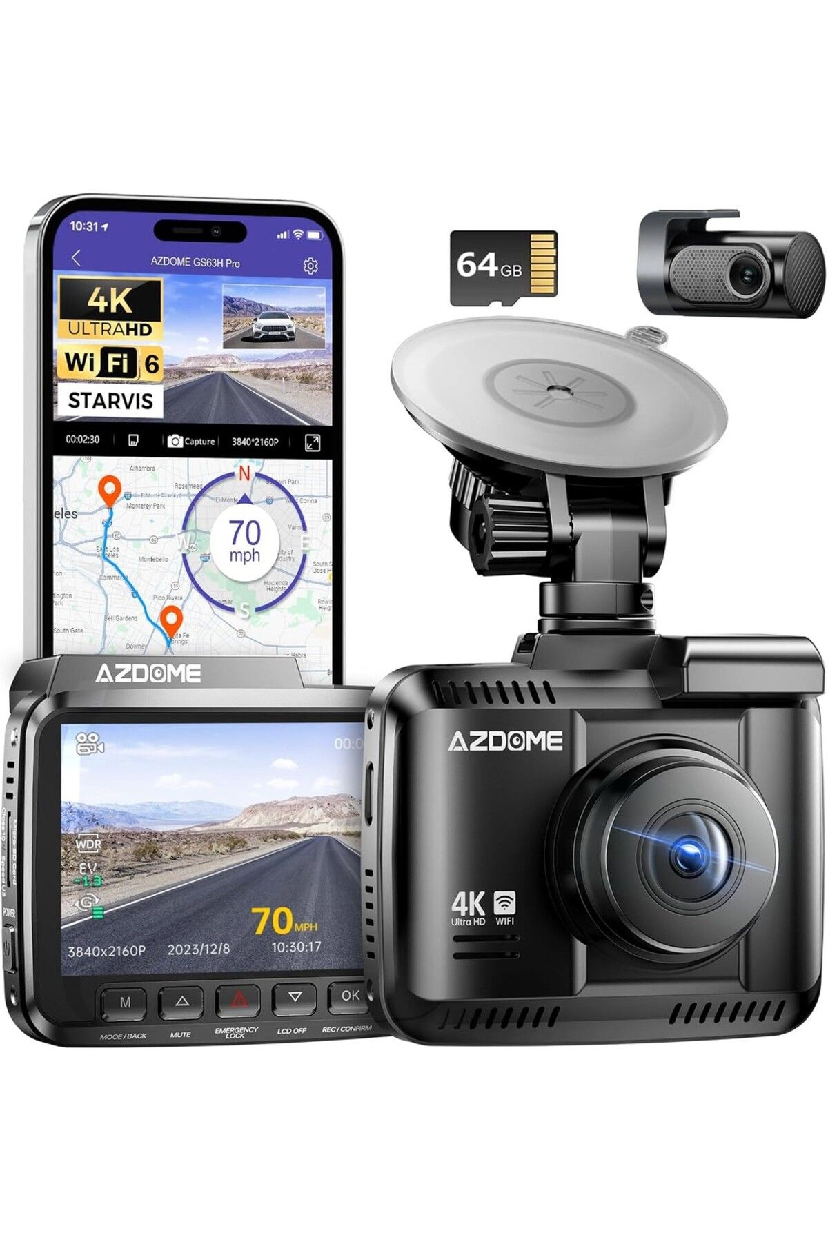 AZDOME GS63H Pro 4K Ön ve Arka  Uyumlu Dash Kamera WiFi 6  Dahili GPS ve 64GB Kart Dahil