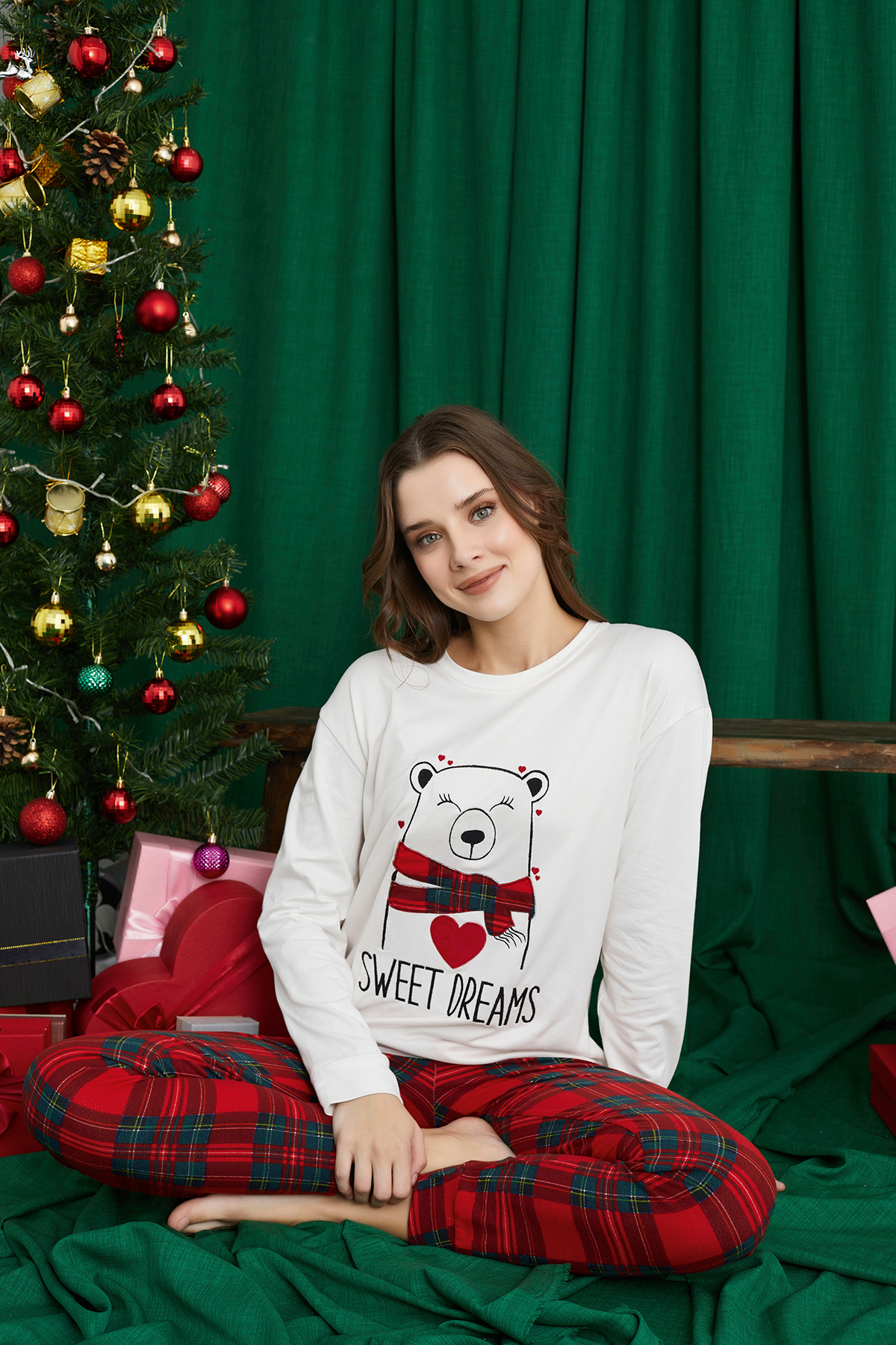 Ekru Sweet Dreams Bear Yılbaşı Desenli Luxury Termal Kadın Pijama Takım