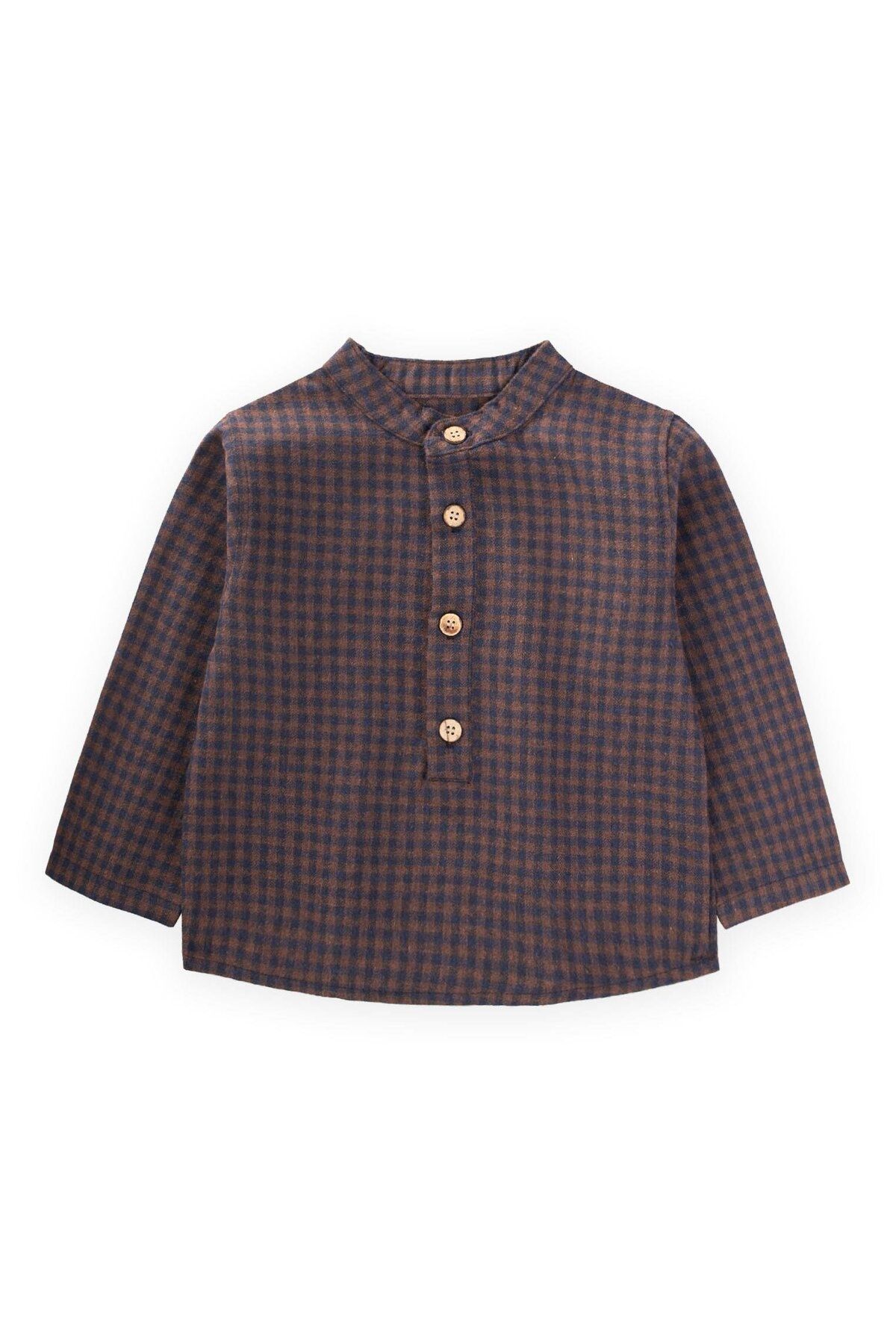 Cigit-Judge Collar Gingham Patterned Seasonal Shirt 1-7 Years Mustard Yellow 1