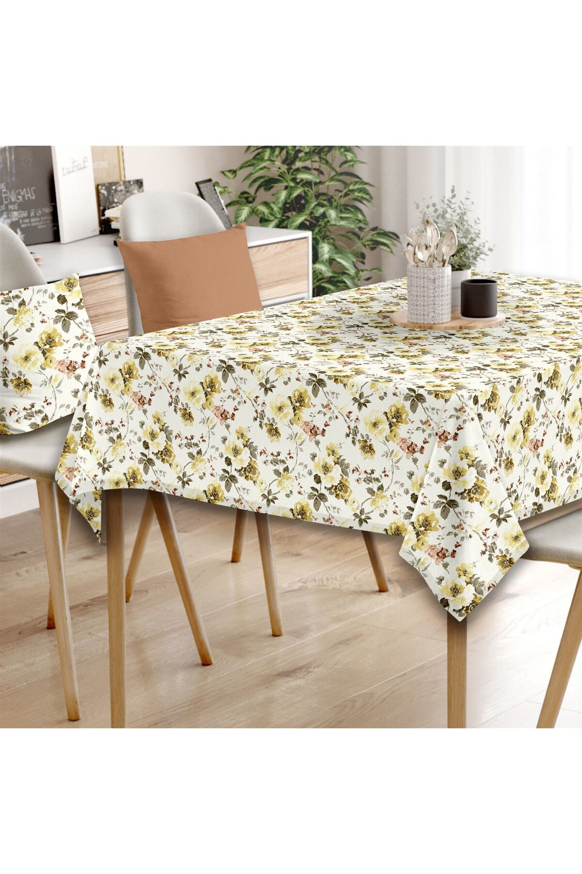 Evim-Canvas Flora Yellow Liquid Proof Stain Resistant Tablecloth 1