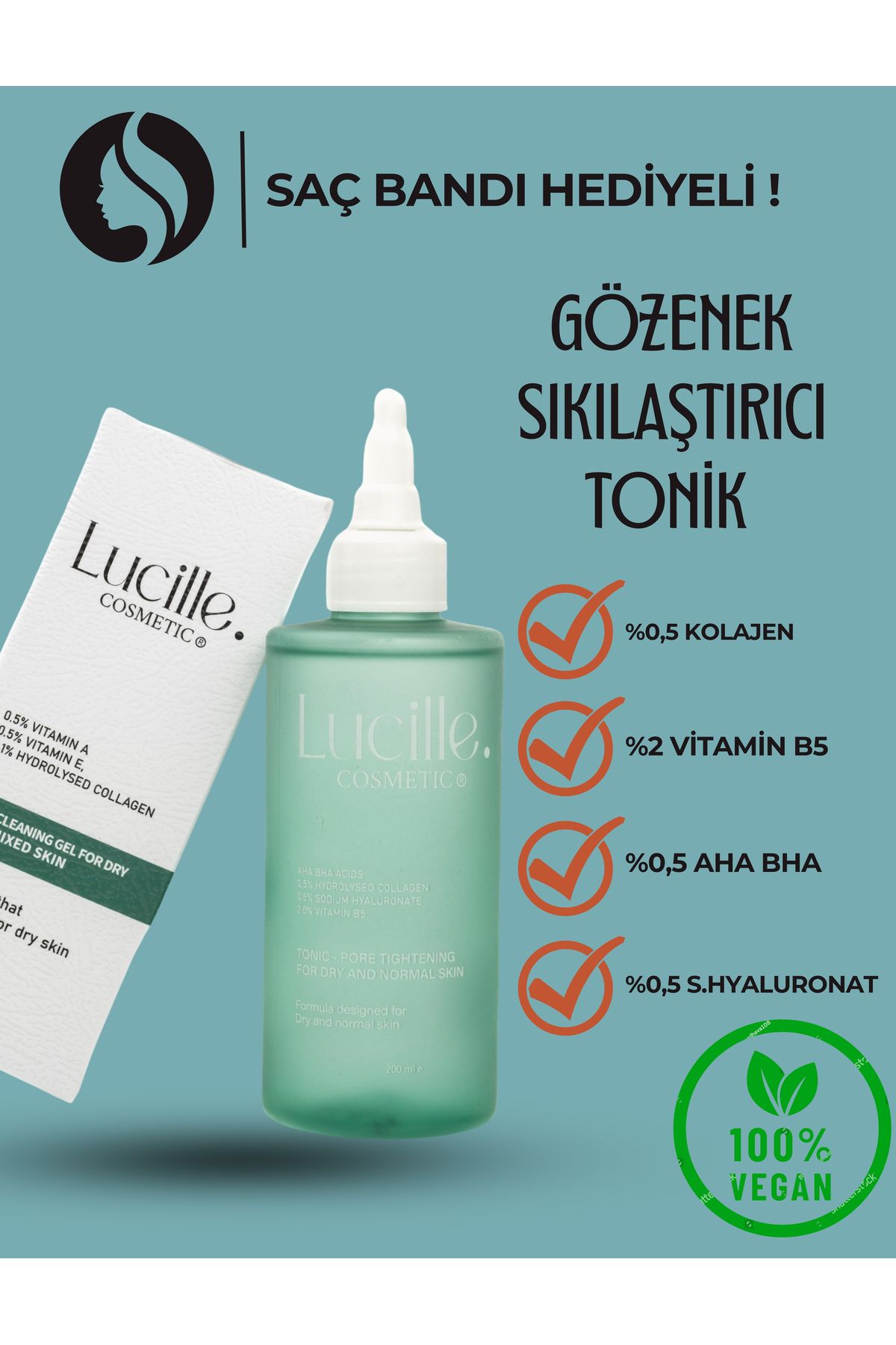 Lucille Gözenek Sıkılaştırıcı Tonik- Kuru Ve Normal Cilt - Kolajen Ve Vitamin İçerikli ( %100 Vegan) 200 Ml