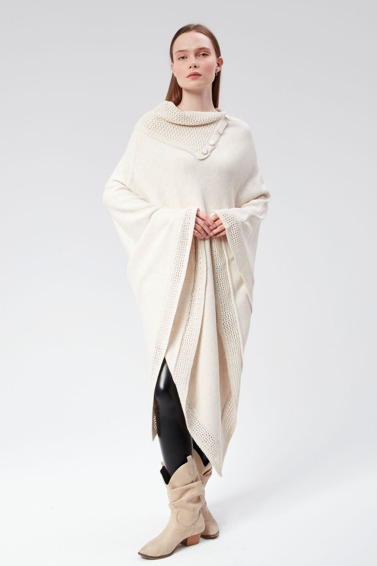 CNR TEKSTİL-Buttoned Poncho with Neck and Skirt Detail 4