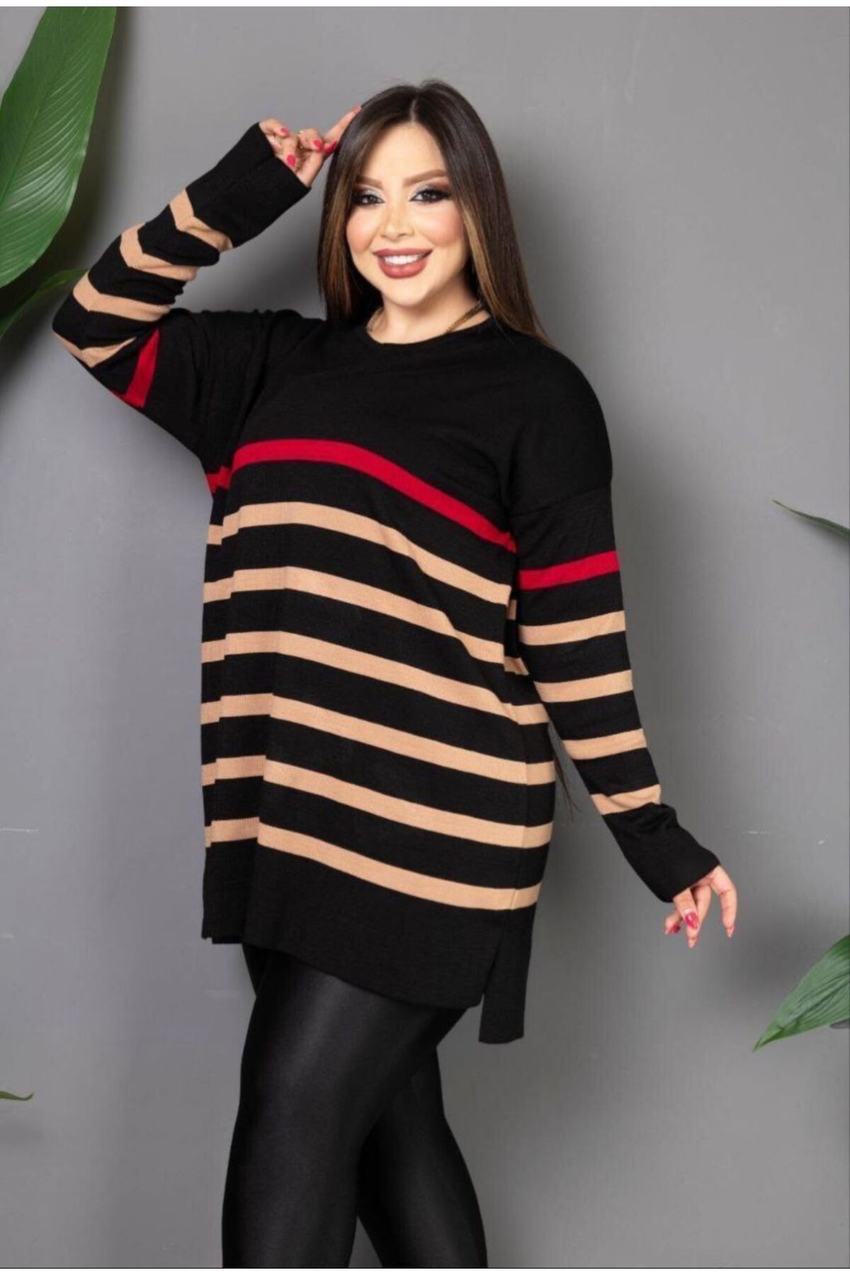 HÜLYA BUTİK-Large Size Women's Stripe Knitwear 1