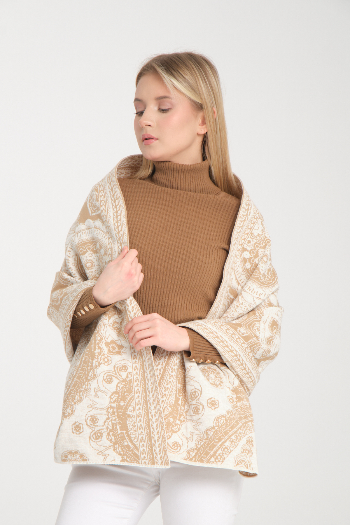 Wega Moda-Ethnic Patterned Comfortable Knitwear Shoulder Shawl - Two-Way Use 8