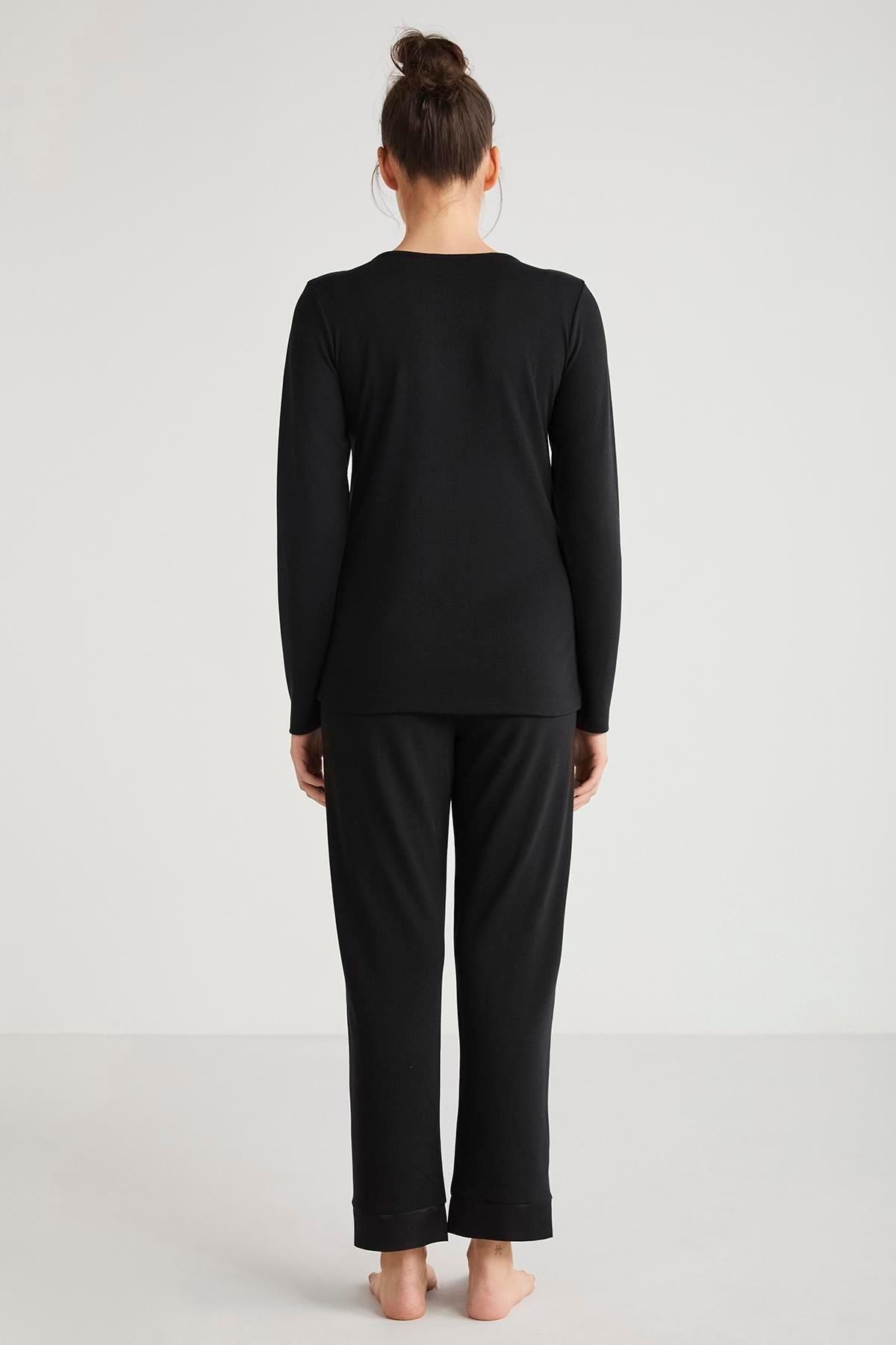 Catherine's-Women's Long Sleeve V Neck Black Pajamas Suit C3T3N4O2 2