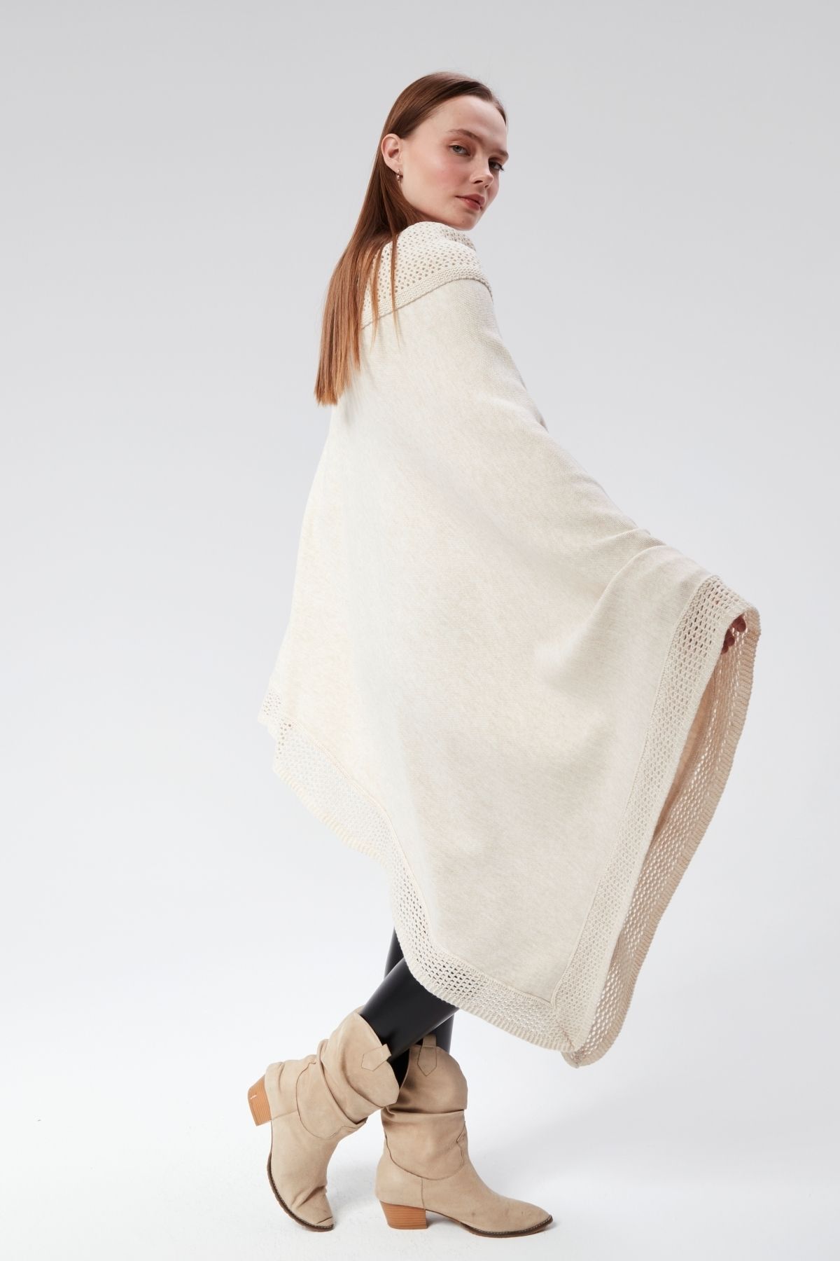 CNR TEKSTİL-Buttoned Poncho with Neck and Skirt Detail 5