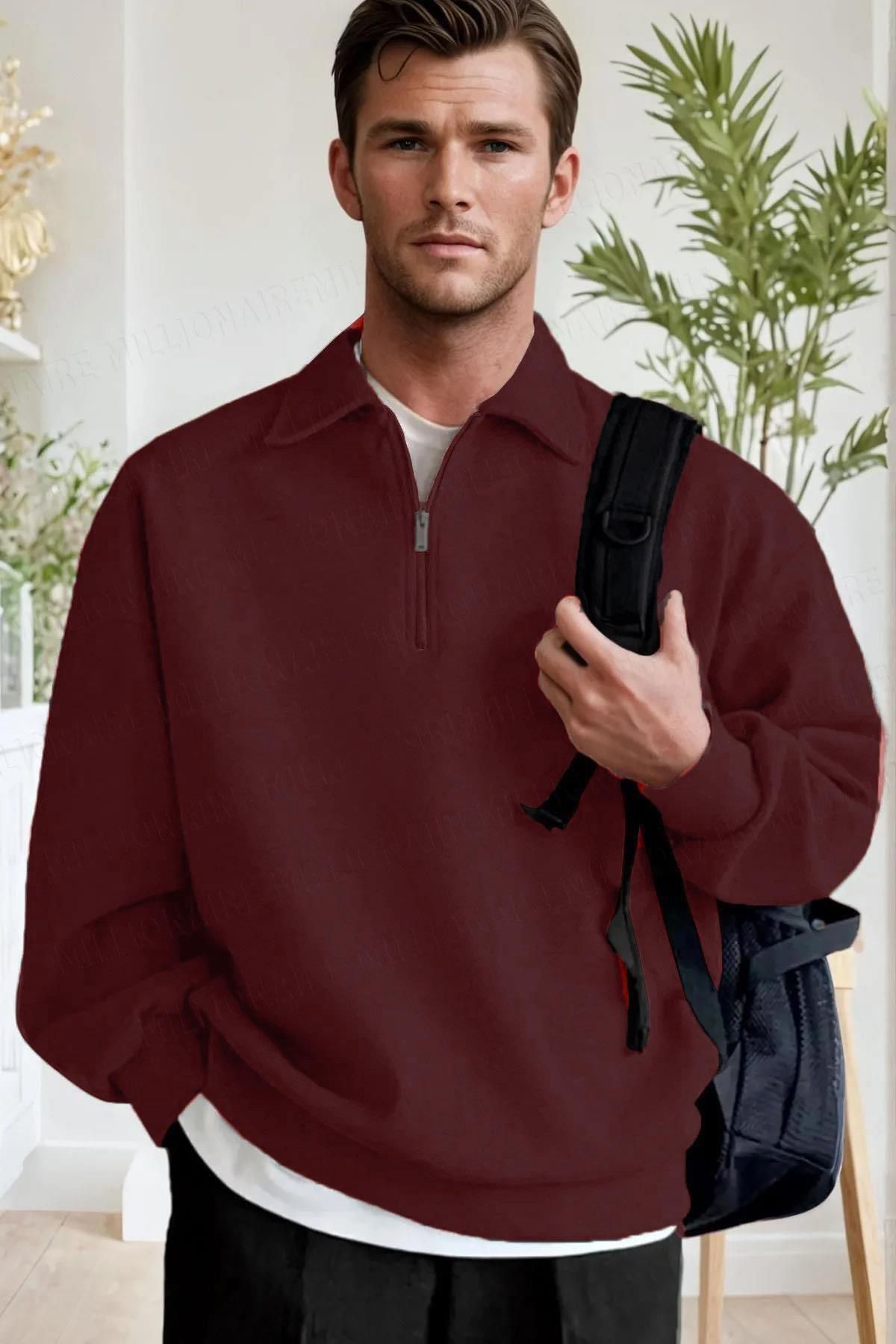 Millionaire-Men's Burgundy Half Zipper Polo Neck 3 Thread Fleece Inside Raised Oversize Sweatshirt 1