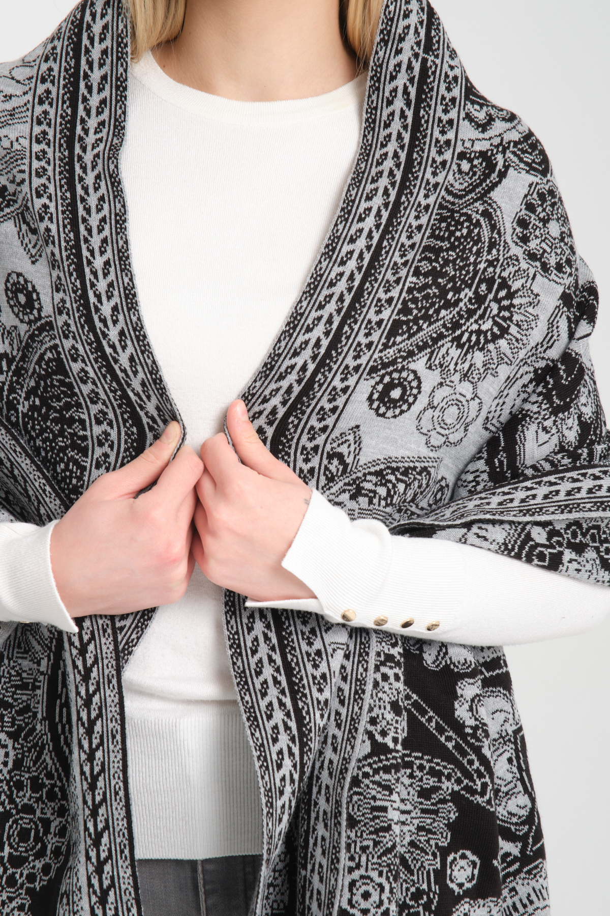 Wega Moda-Ethnic Patterned Comfortable Knitwear Shoulder Shawl - Two-Way Use 4
