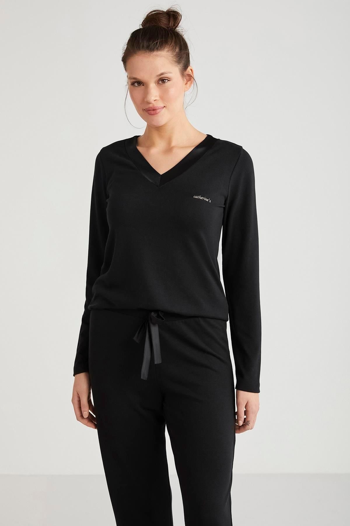 Catherine's-Women's Long Sleeve V Neck Black Pajamas Suit C3T3N4O2 3