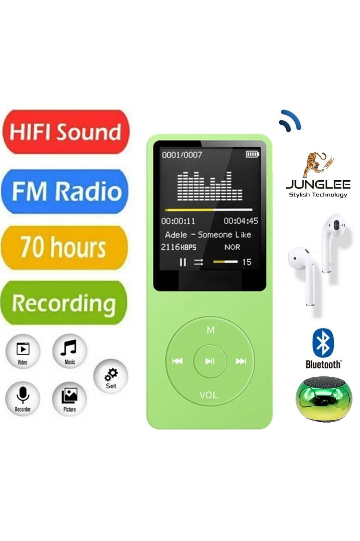 JUNGLEE 8GB DAHİLİ HAFIZALI BLUETOOTHLU MP3-MP4 ÇALAR SES KAYIT FM RADİO DAHİLİ HOPARLÖR EKRANLI MÜZİK ÇALAR