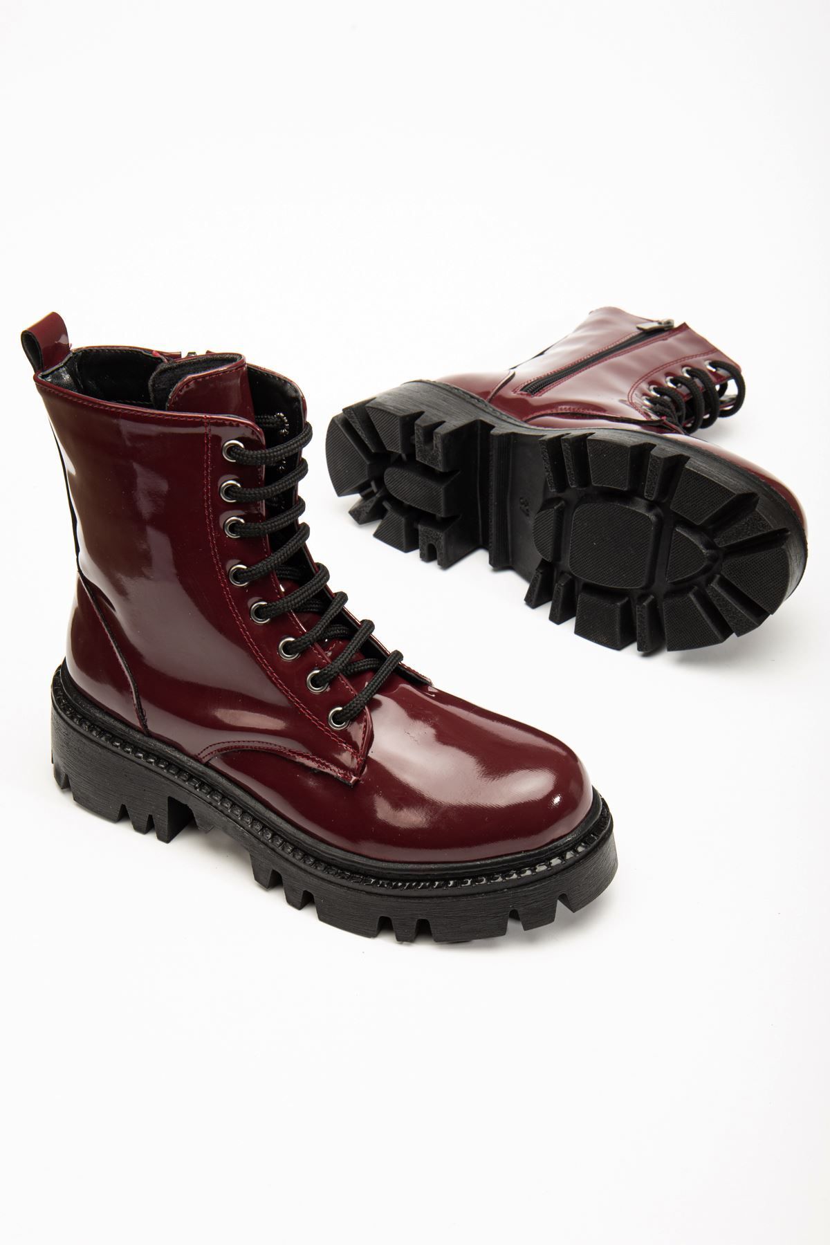 kbrashoes-812-356 Claret Red Patent Leather Laced Zippered Daily Women's Boots 3