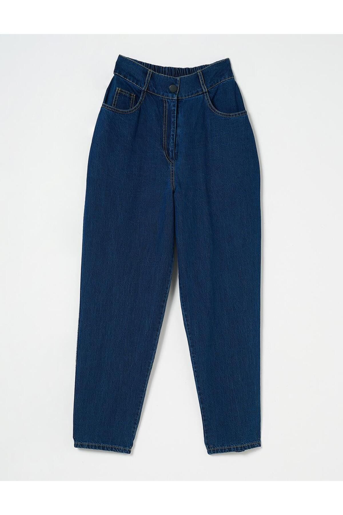 Kayra-Navy Blue Carrot Cut Zippered Denim Trousers 7