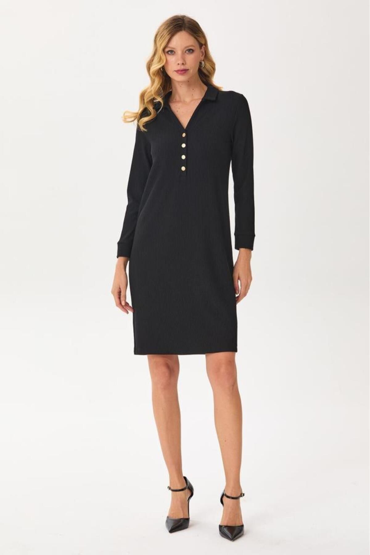 İKİLER-Front Button Polo Neck Dress 245-2512 1