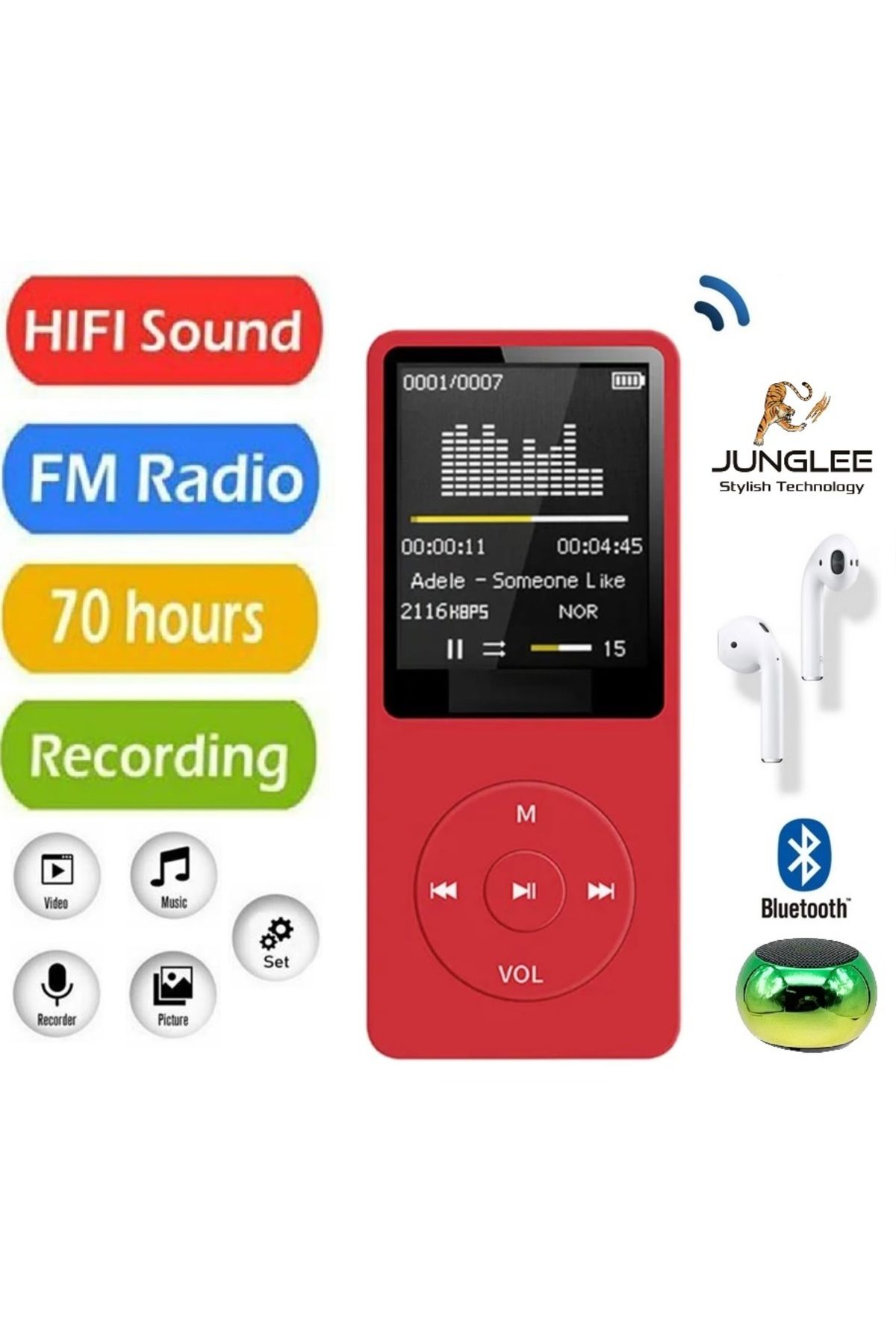 JUNGLEE 8gb Dahili Hafizali Bluetoothlu Mp3-4 Çalar Ses Kayit Fm Radio Dahili Hoparlör Ekranli Müzik