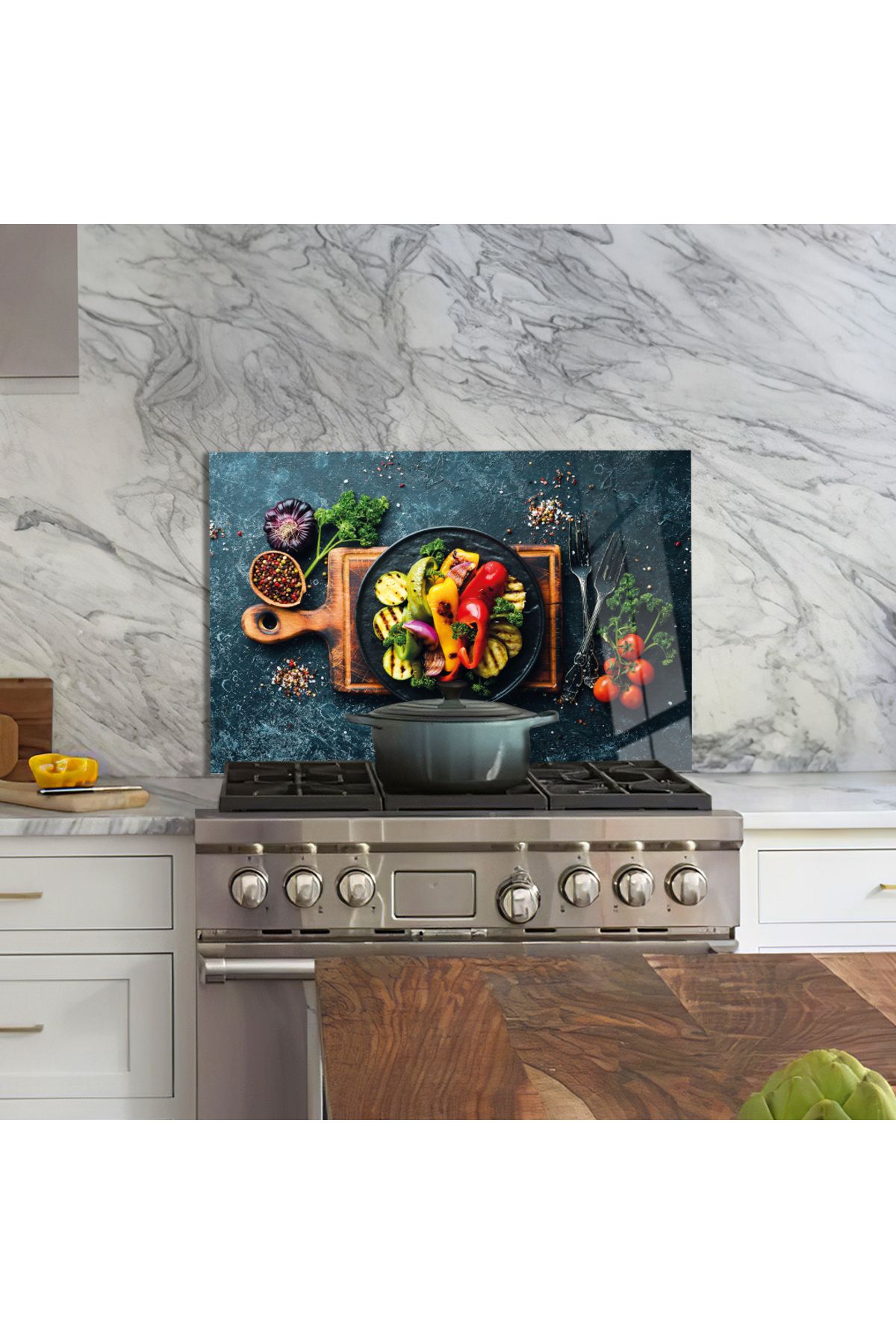 Zevahir Mobilya Dekorasyon-Spices and Vegetables on a Tempered Glass Table on the Back of the Stove 6