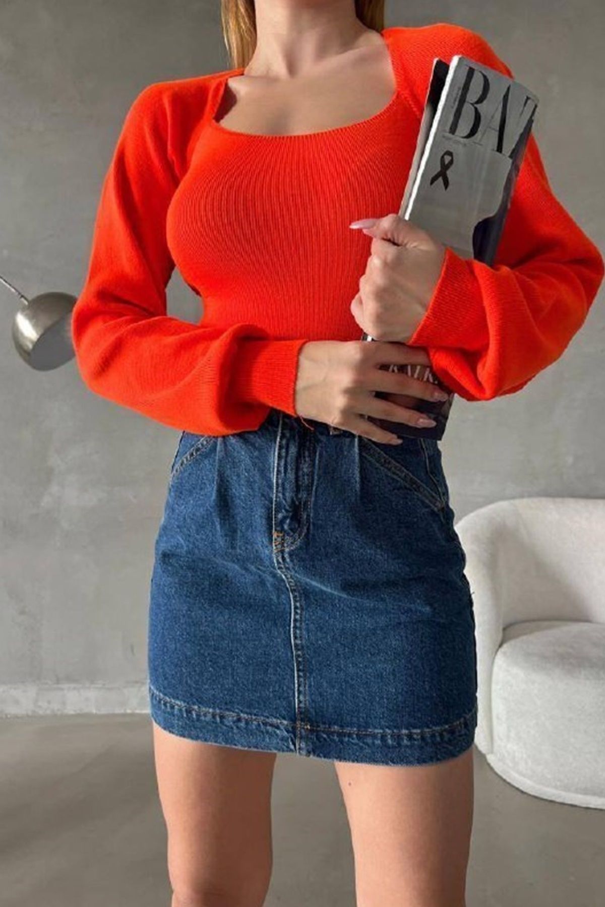 bayansepeti-Stretchy Orange Knitwear Fabric Square Neck Long Sleeve Knitwear Blouse 0217 1