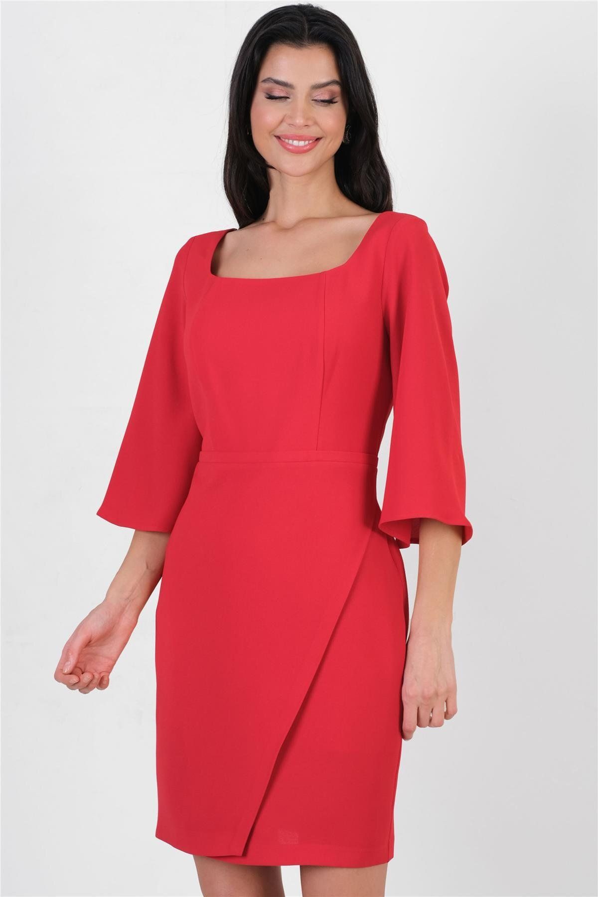 Spazio-Red Duplass Asymmetrical Neckline - Skirt Dress 1