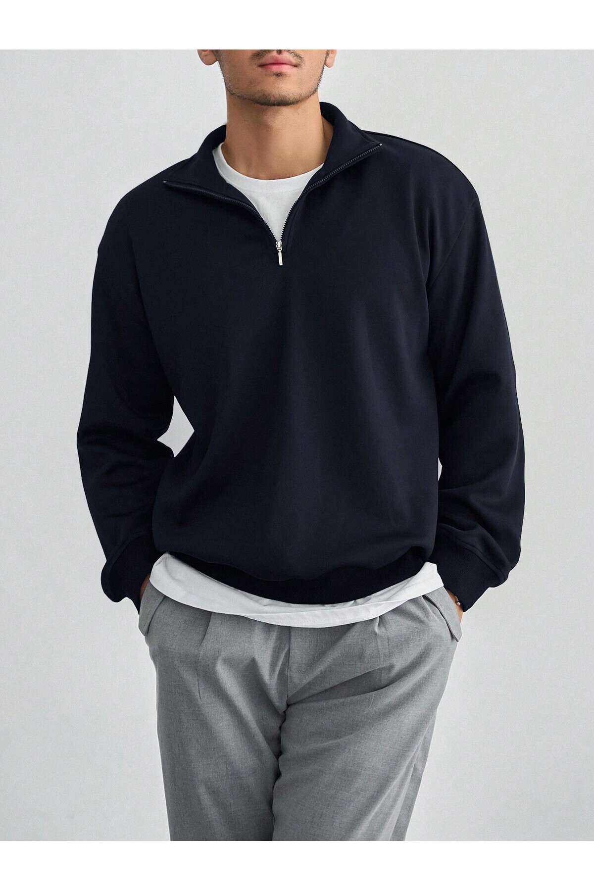 EYAX MODA Erkek Dik Yakalı Fermuarlı Sweatshirt