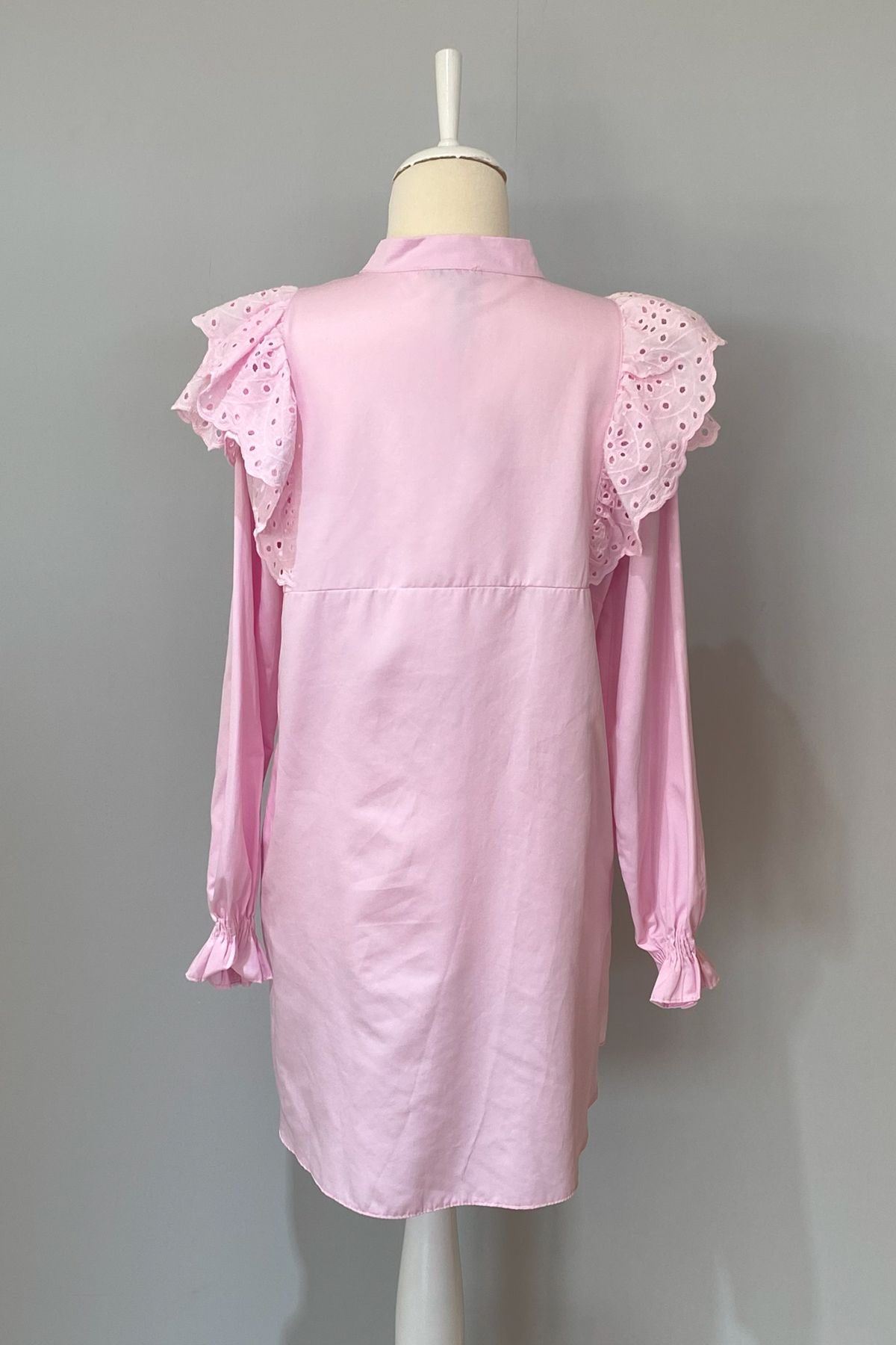 Lale Butik-Sahra Pink Cotton Satin Tunic Shirt - Scalloped Ruffle Detail 4114 3