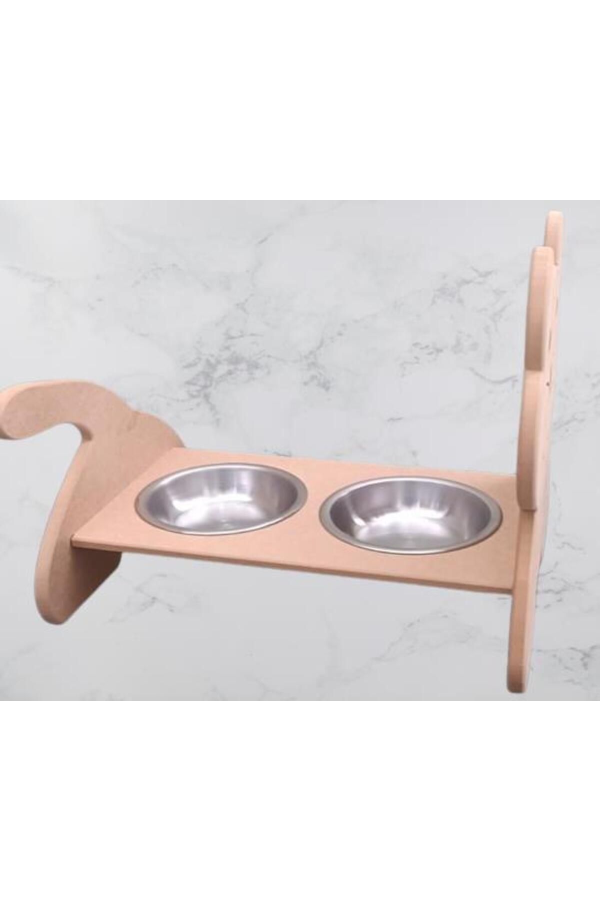 BENGİ TİCARET-Hobby Erc 90368 Model - Wooden MDF Raw Stainless Cat Food and Water Bowl Handmade 2