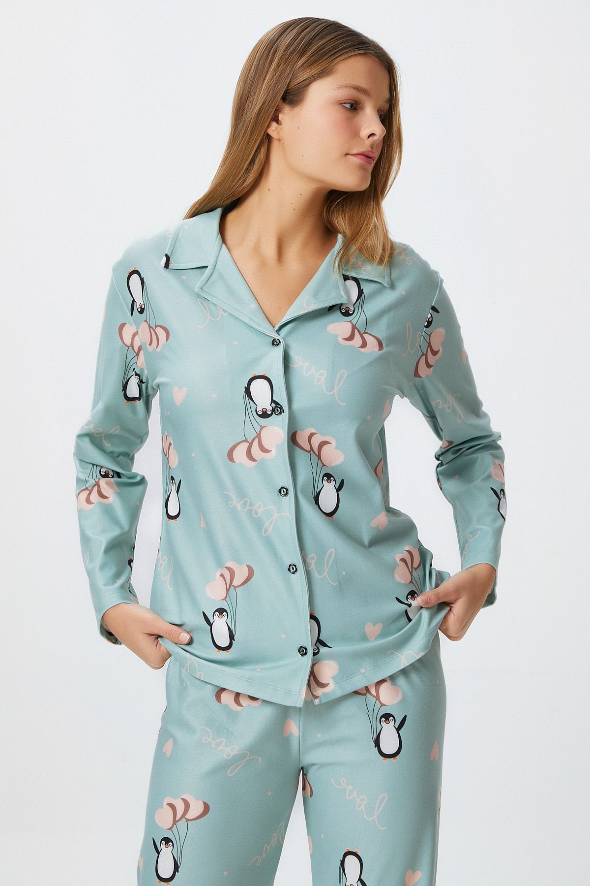 Ritnice-Women's Nora Premium Mint Penguin Suede Texture Button Christmas Pajamas Set 2