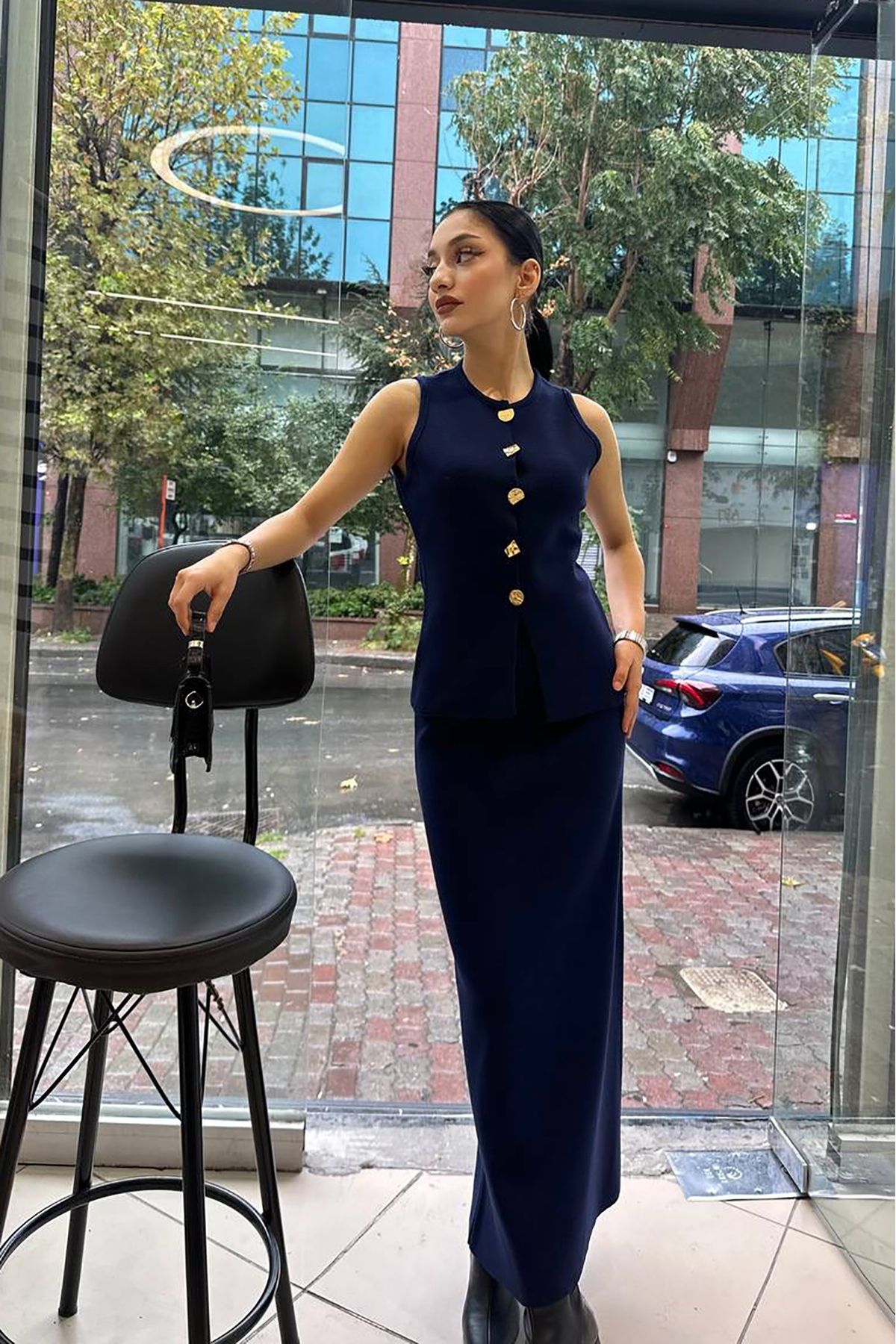 novalook-Navy Blue Vest Long Skirt Bottom Top Suit 2