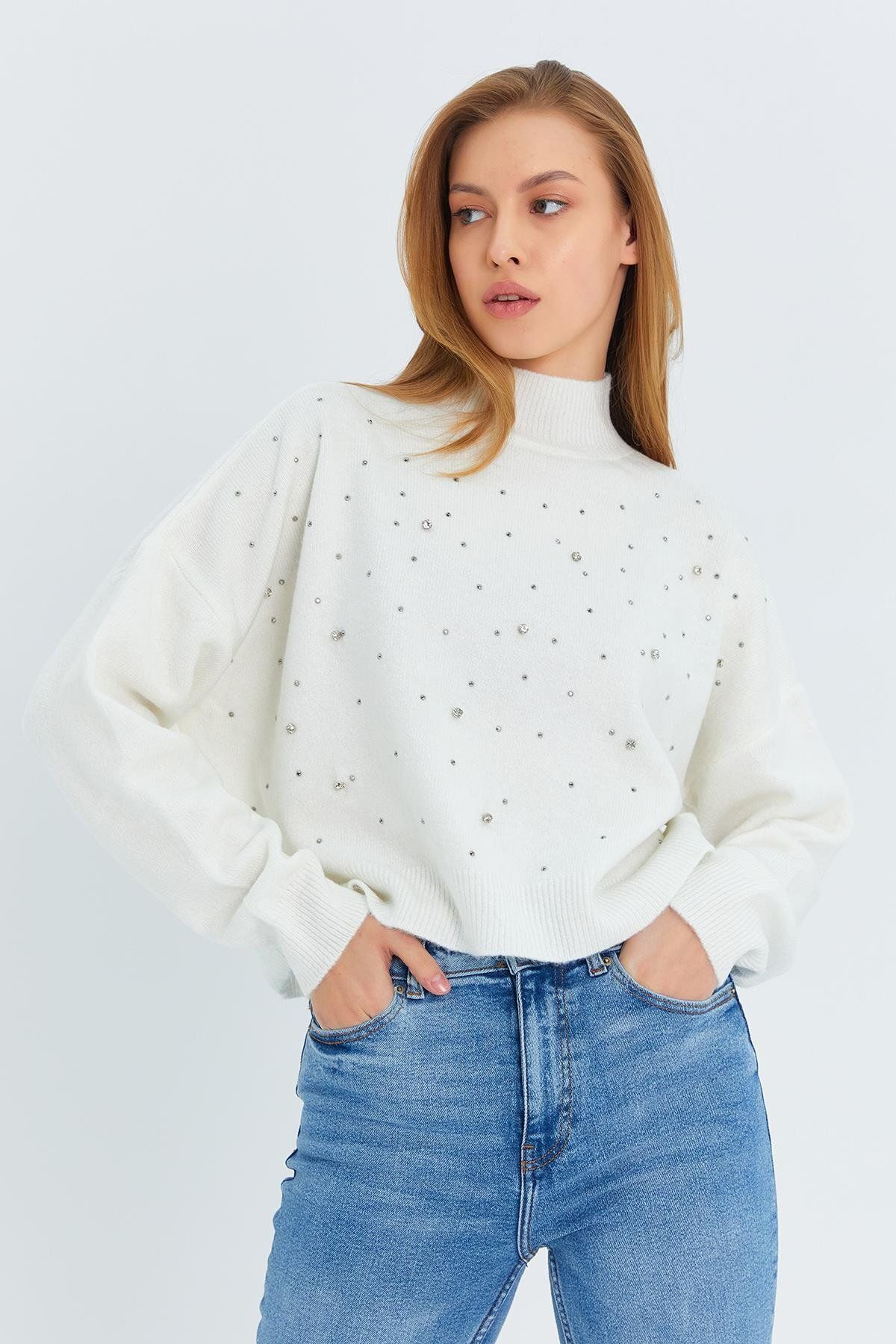 Mixray-6814 White Stone Printed Stand Collar Knitwear Women's Sweater 3