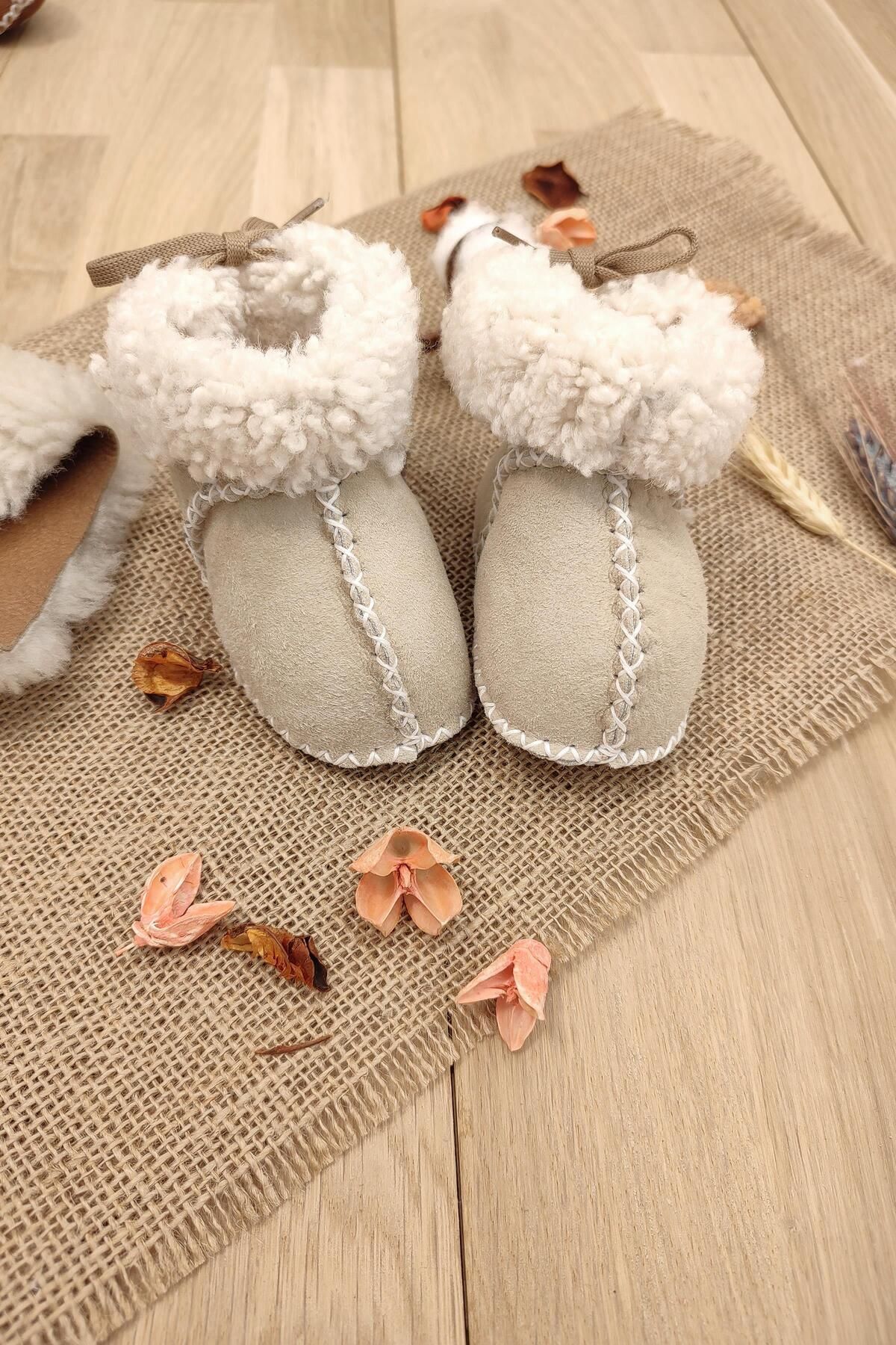 Sitilin-Organic Suede Leather Unisex Baby Booties Natural Baby Booties with Wool Inside Stl6220 4