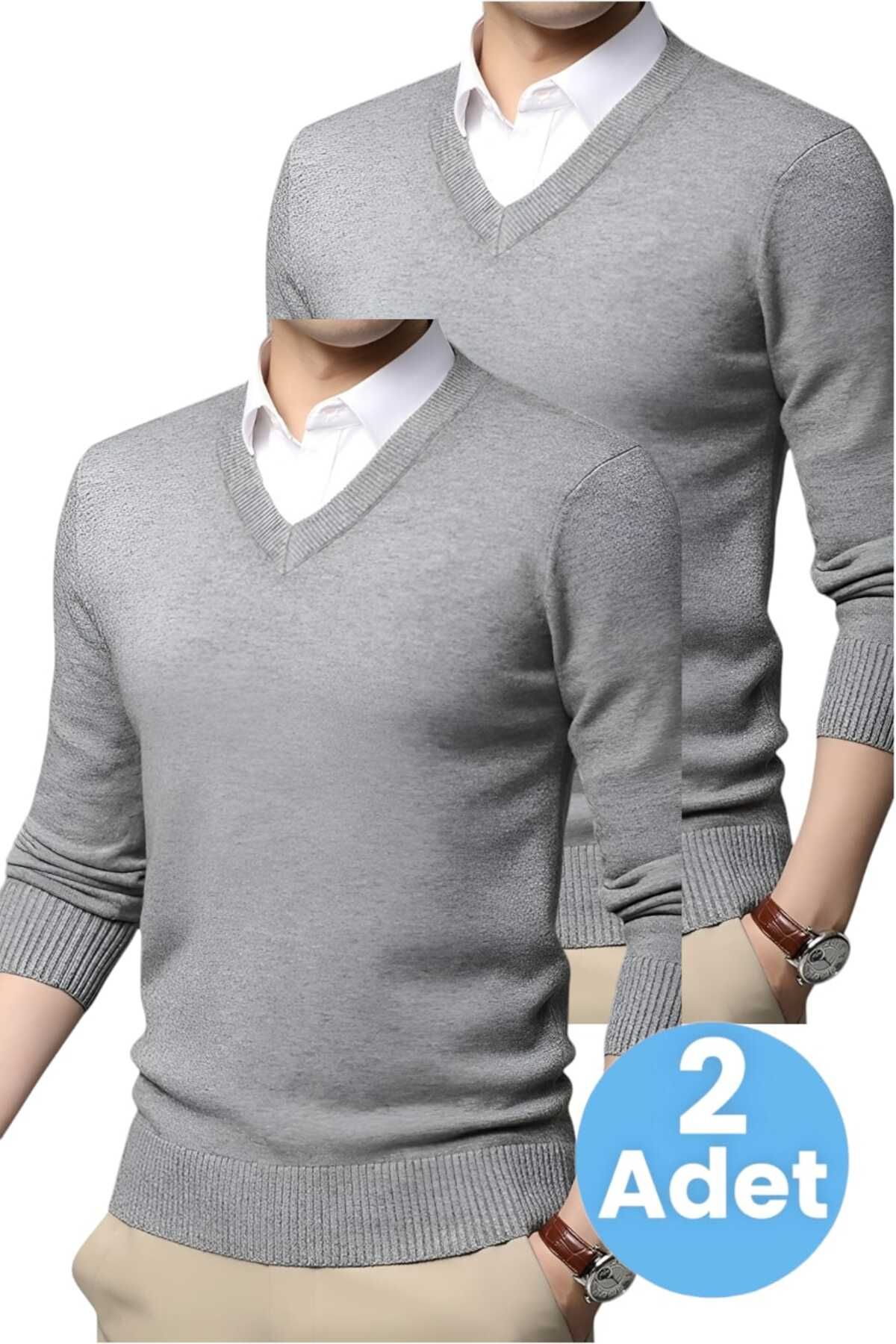 Uniquetrenders-Men's V-Neck Long Sleeve Knitwear Slim Fit Sweater Set of 2 1