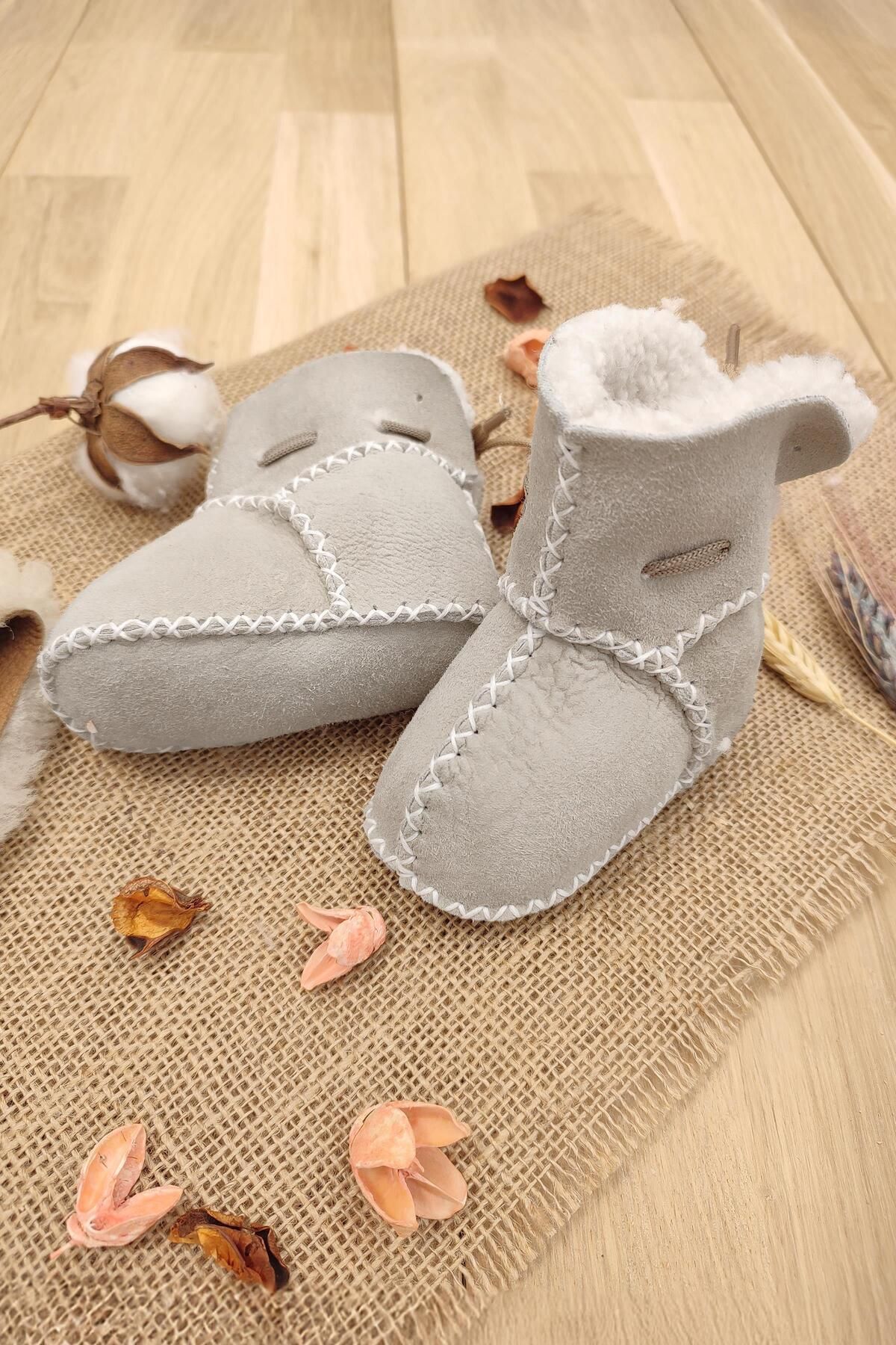 Sitilin-Organic Suede Leather Unisex Baby Booties Natural Baby Booties with Wool Inside Stl6220 2