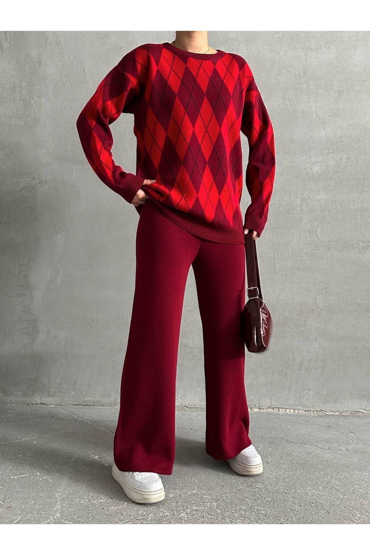 Lusin Set De Tricotaje Din Două Piese, Bluză, Pantaloni, Bluză, Burgundă, Cu Model Diamantat Femeie - Standard