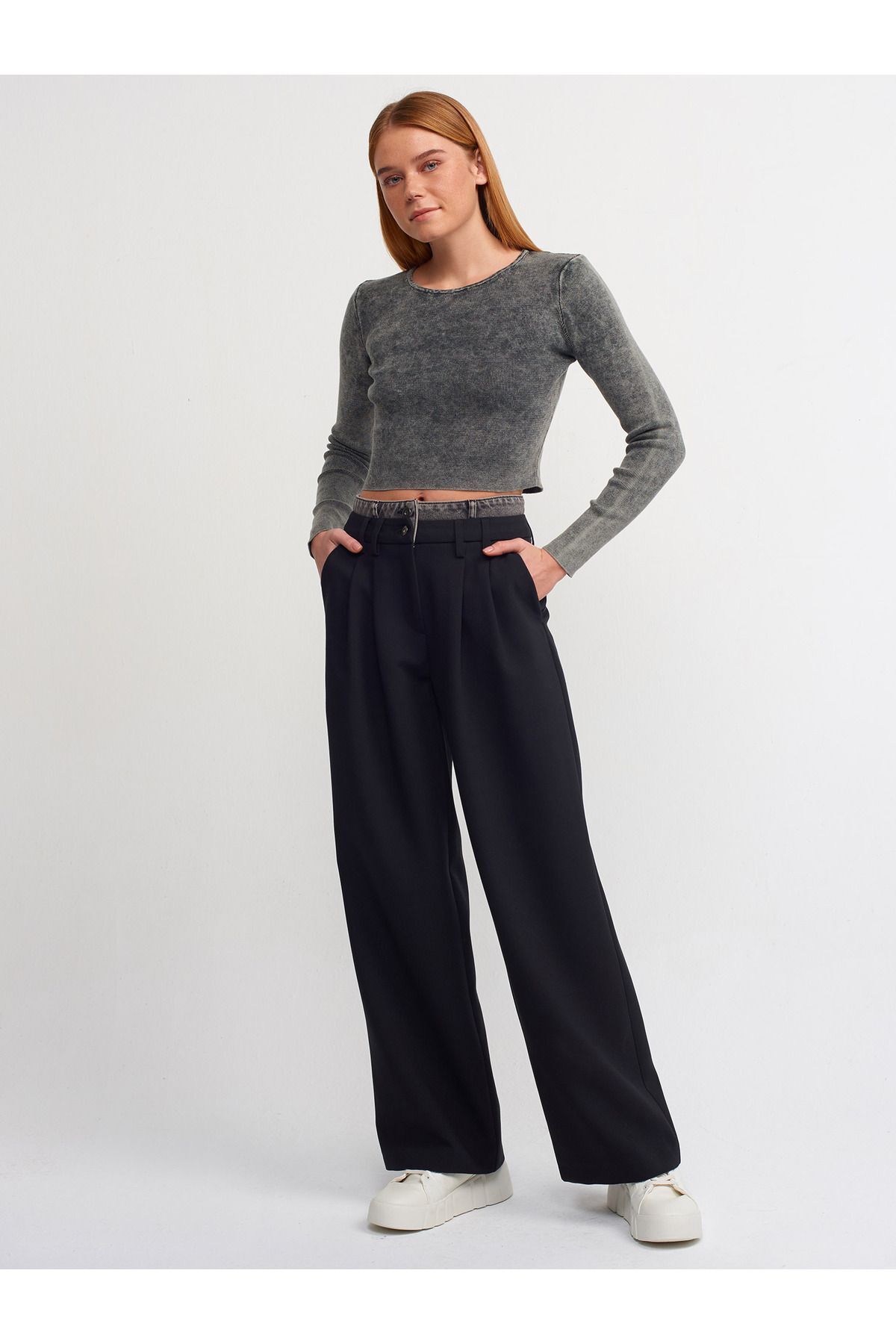 Dilvin-10510 Model - Anthracite Crew Neck Crop Sweater with Pale Effect 2