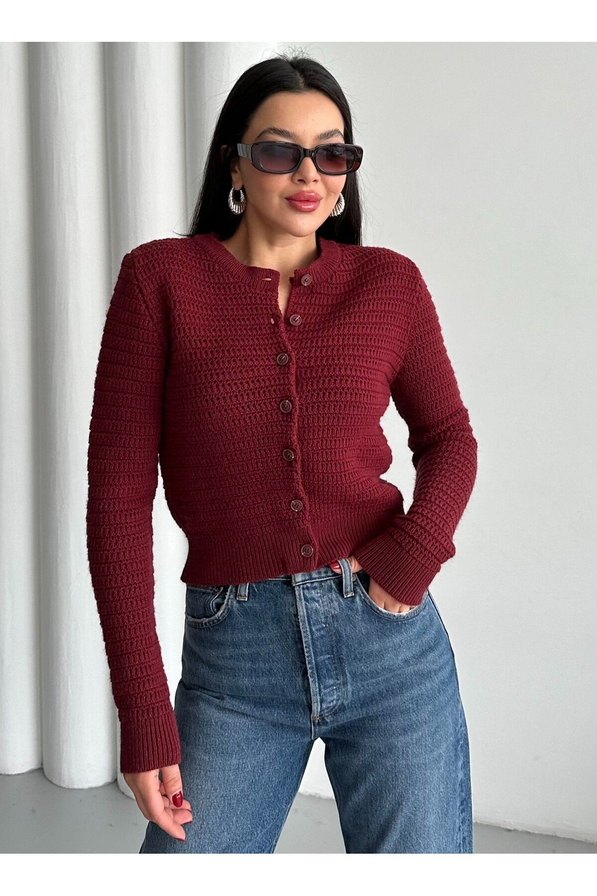 Laluvia-Burgundy Crew Neck Knitted Basic Cardigan-00279 1