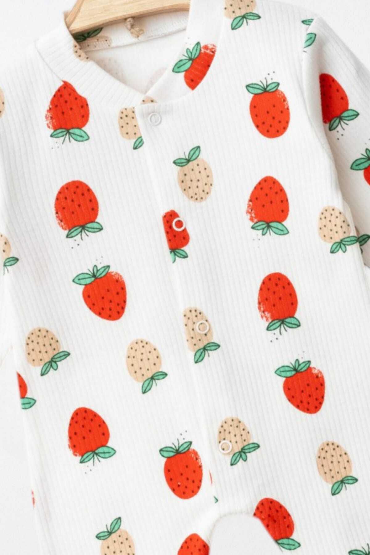 dinamik çocuk-Newborn Baby Girl Romper - Strawberry Printed, Ribbed Seasonal, 100% Cotton, 3-6 Bears 3