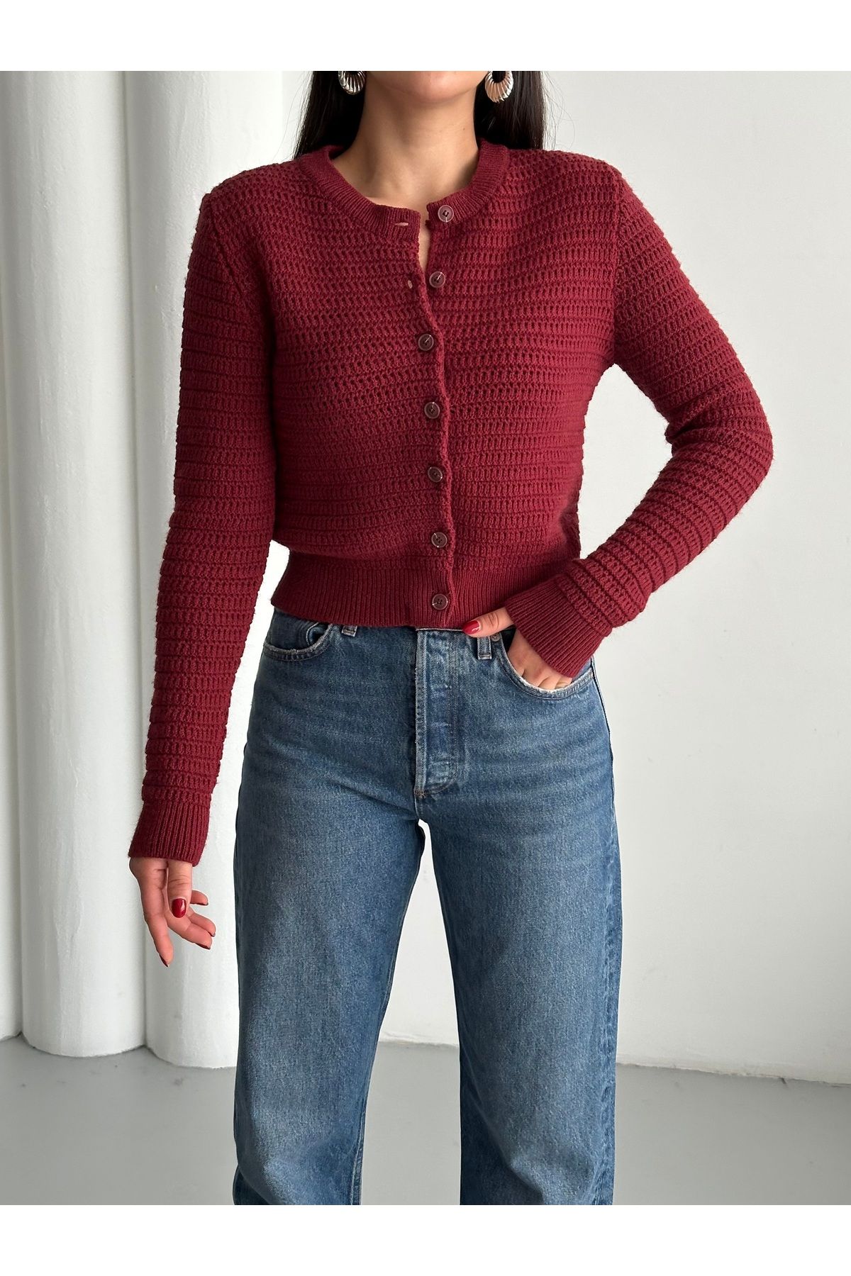 Laluvia-Burgundy Crew Neck Knitted Basic Cardigan-00279 2