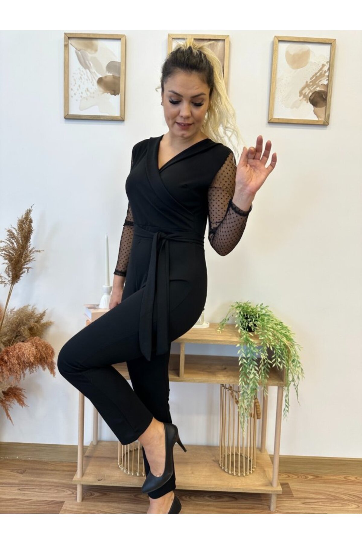 Moka Shopin-Mokashopin Crepe Fabric Sleeves Tulle Polka Dot Detailed Belted Jumpsuit 141 cm 5