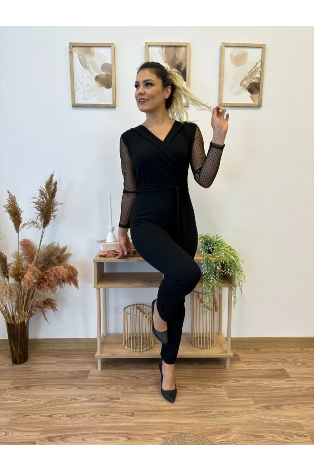 Moka Shopin-Mokashopin Crepe Fabric Sleeves Tulle Polka Dot Detailed Belted Jumpsuit 141 cm 2