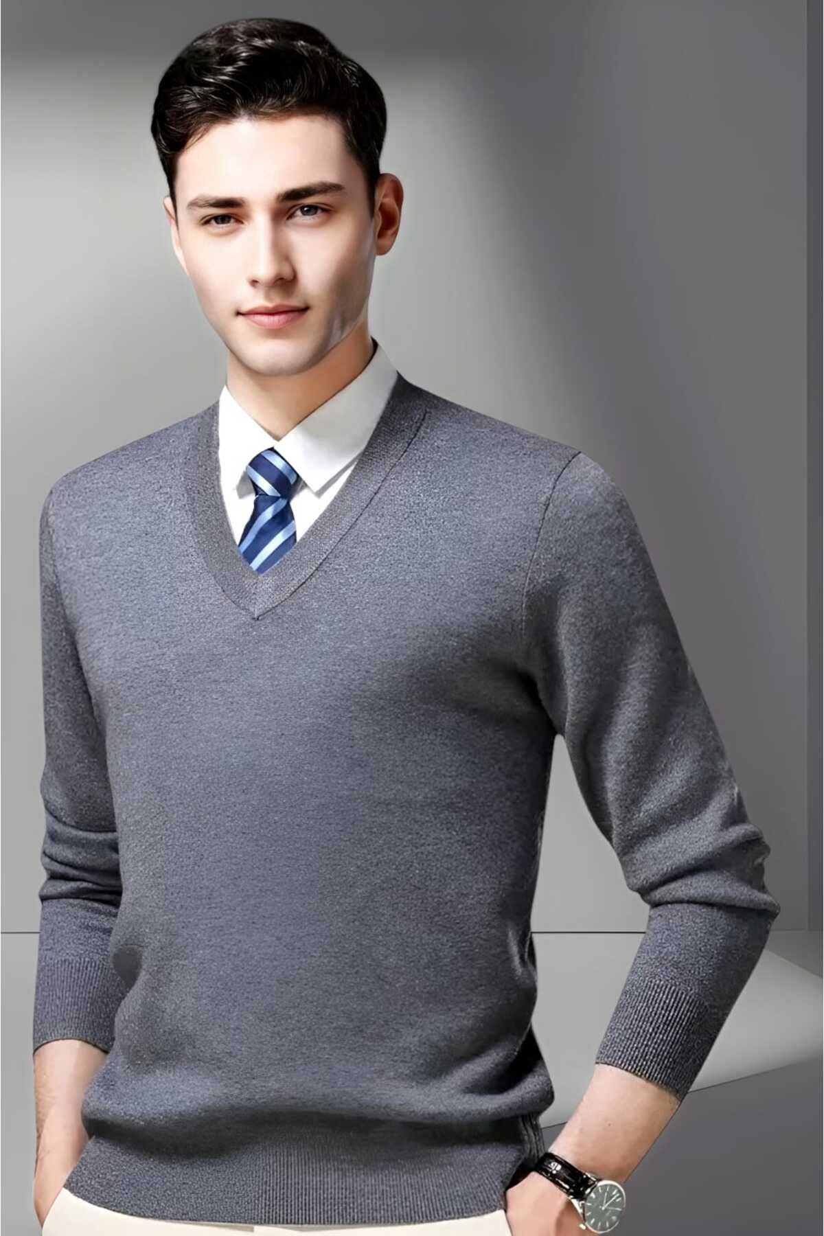 Uniquetrenders-Men's V-Neck Long Sleeve Knitwear Non-Pilling Sweater Men's Slim Fit Sweater 4