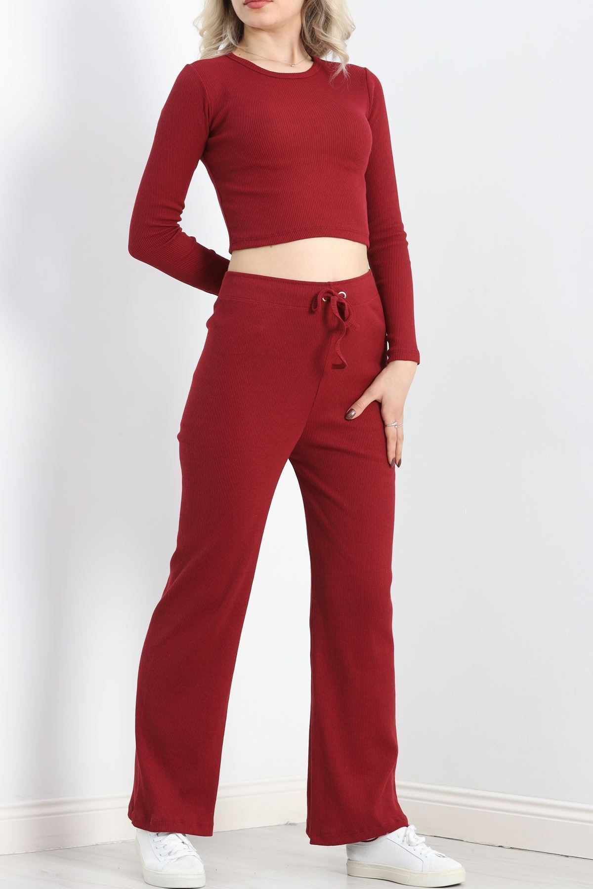 ZANBUTİK-Burgundy Crew Neck Camisole Double Set - 19404.1567 2