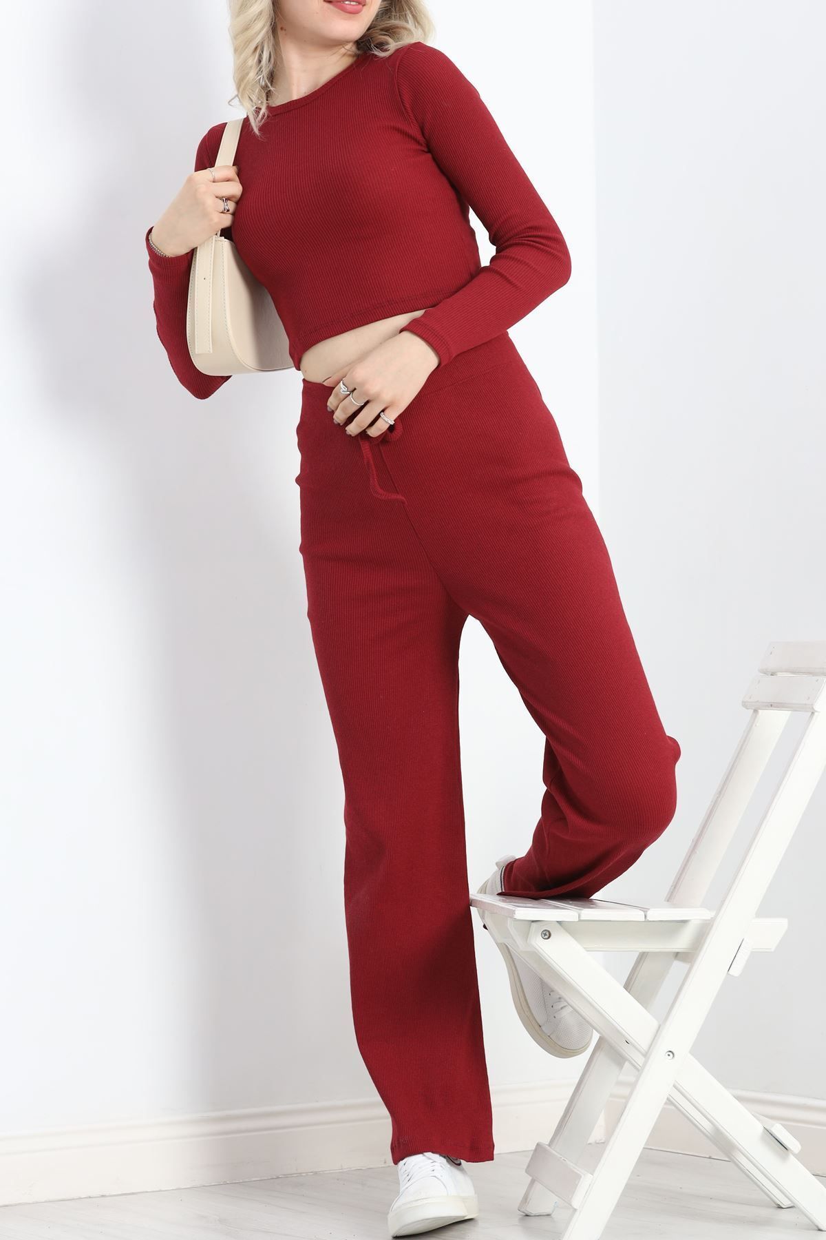 ZANBUTİK-Burgundy Crew Neck Camisole Double Set - 19404.1567 4