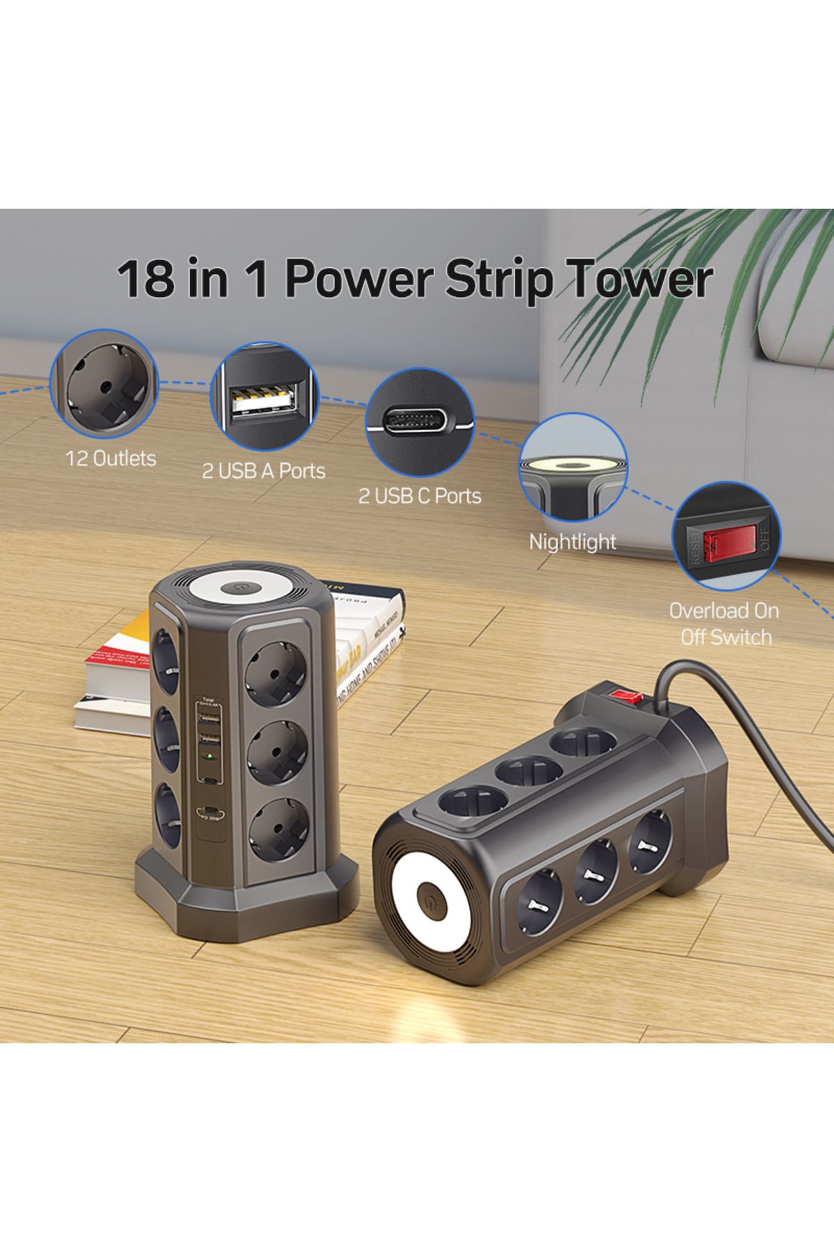 Choice-110-250V EU 12 black Eu Black Multi-socket surge Protector 4000W 16A with USB port, multi-plug with 3